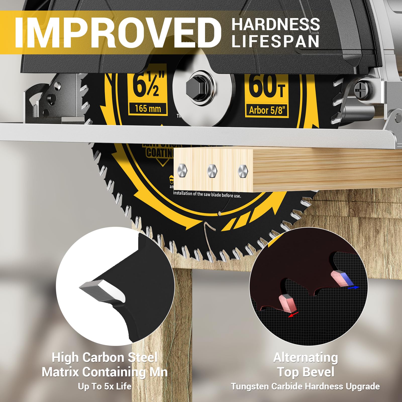 6-1/2 Inch 60T TCT Carbide Circular Saw Blade with Anti-Stick Coating - Premium ATB Framing Saw Blade for Wood Cutting | Perfect for DIY Projects, Carpentry, and Professional Woodworking