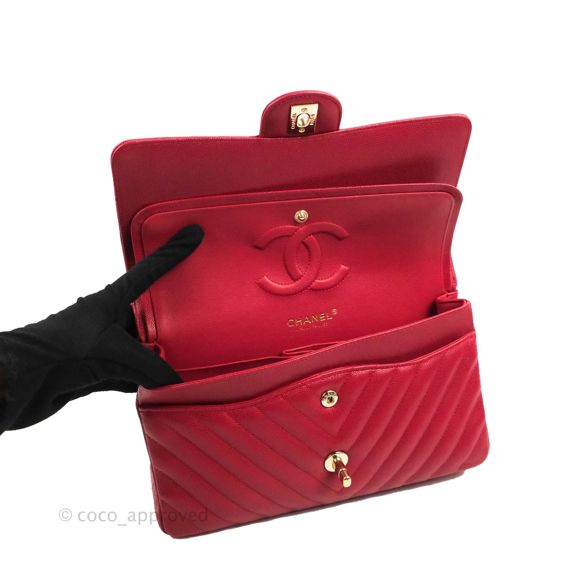 Chanel Classic M/L Medium Chevron Double Flap Bag in Cherry Red Caviar Leather with Gold Hardware - Perfect for Evening Events, Luxury Gifts & Fashionable Outfits