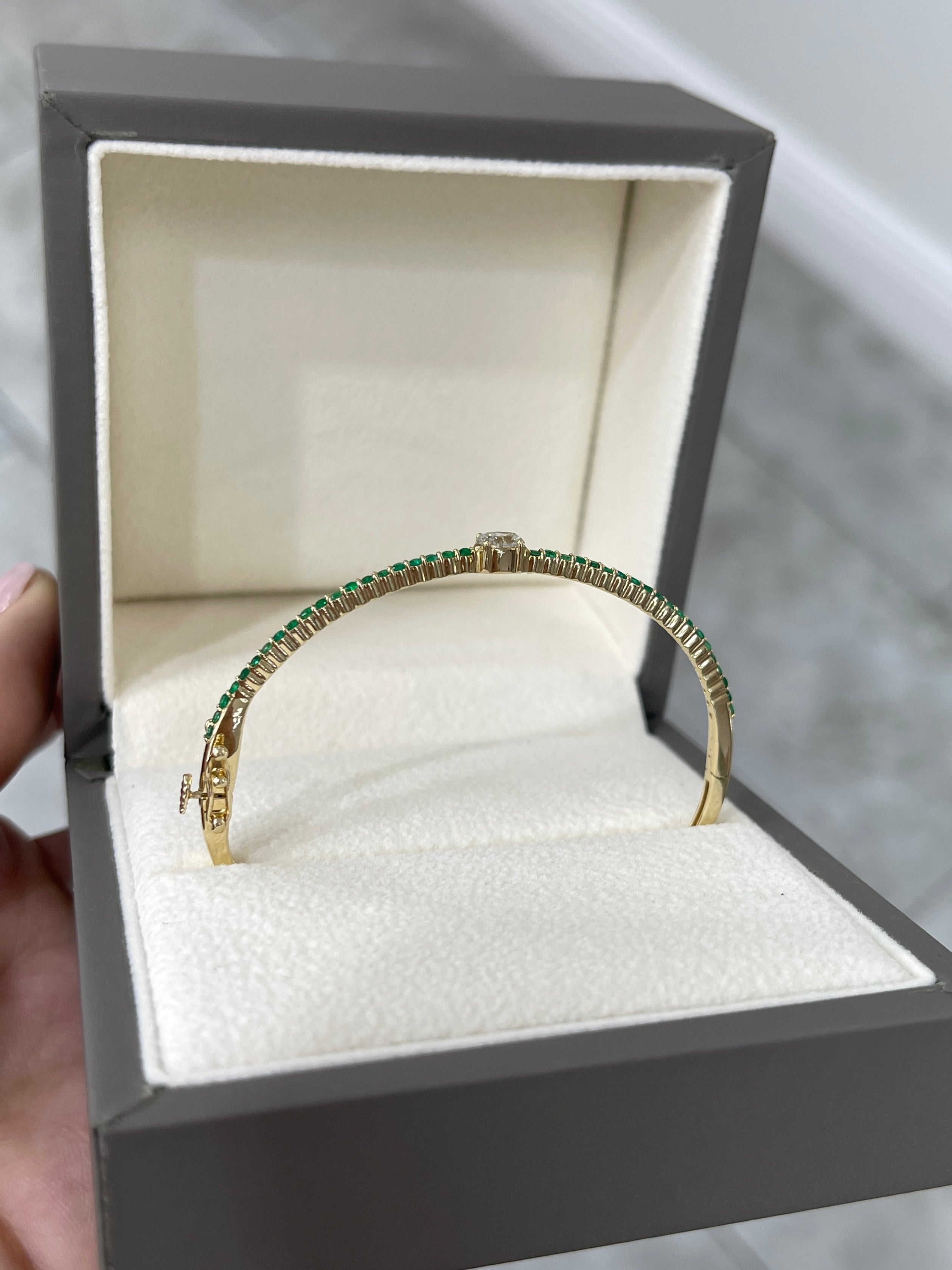14K Yellow Gold Oval Diamond & Emerald Bangle Bracelet - 5.5 Inch Adjustable Wrist Size for Women | Perfect for Weddings, Anniversaries & Special Occasions