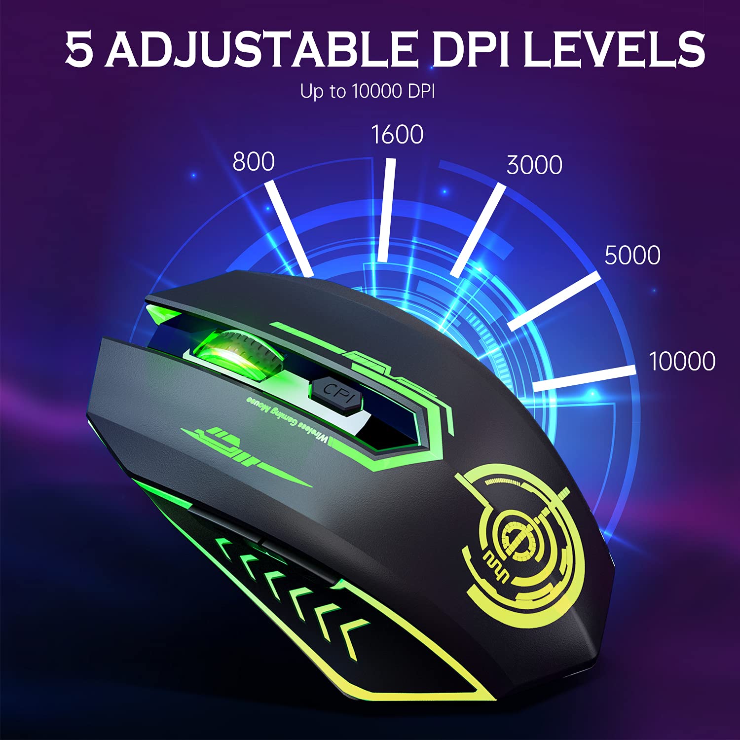 UHURU Wireless Gaming Mouse - 10000 DPI Rechargeable USB Mouse with 6 Programmable Buttons & 7 RGB LED Colors, Ergonomic Design for MMO RPG Gaming | Compatible with Windows & Mac | Perfect for PC, Laptop, Office & Home Gaming Setup