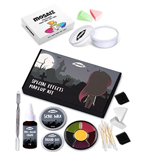 Professional SFX Makeup Kit for Halloween & Cosplay - Fake Blood, Scar Wax, Sponges & Skin Spatula with Clown White Cream | Special Effects Makeup for Horror, Theater & Costume Parties