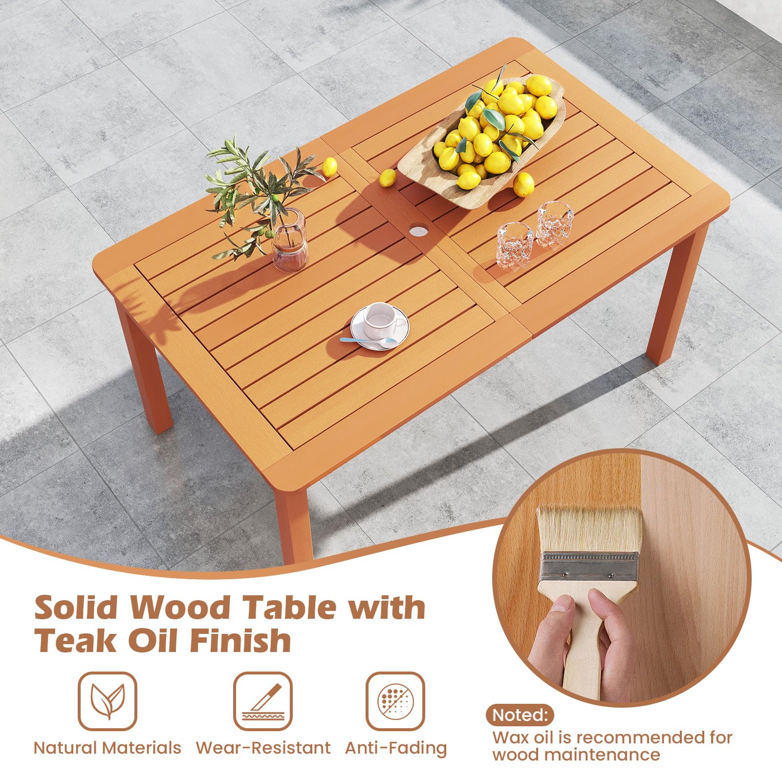 **Tangkula 6-Person Outdoor Dining Table with Umbrella Hole - Solid Wood Patio Table with Teak Oil Finish, Rectangle Garden Table for Yard, Porch, Deck & Indoor Use - Perfect for BBQs, Family Gatherings & Outdoor Entertaining**