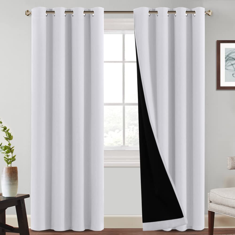 PrinceDeco 100% Blackout Thermal Insulated Curtains 108 Inches Long - Energy Saving Black Liner, Anti-Rust Grommet, 2 Panels (52x108 in, Greyish White) - Perfect for Bedrooms, Home Theater & Light-Sensitive Sleepers