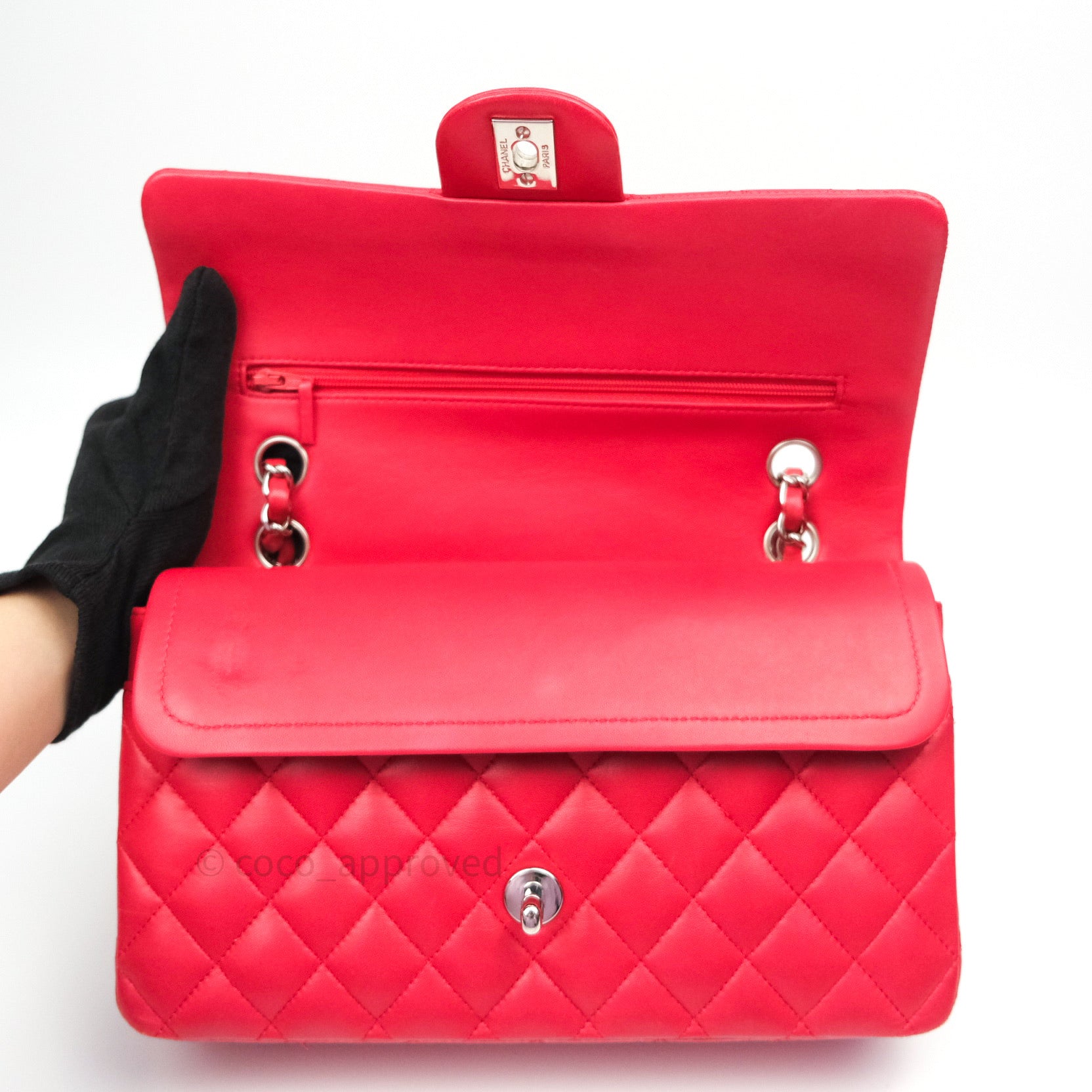Chanel Classic Medium Double Flap Bag - Red Lambskin Leather with Silver Hardware | Luxury Handbag for Women, Perfect for Date Night & Special Occasions