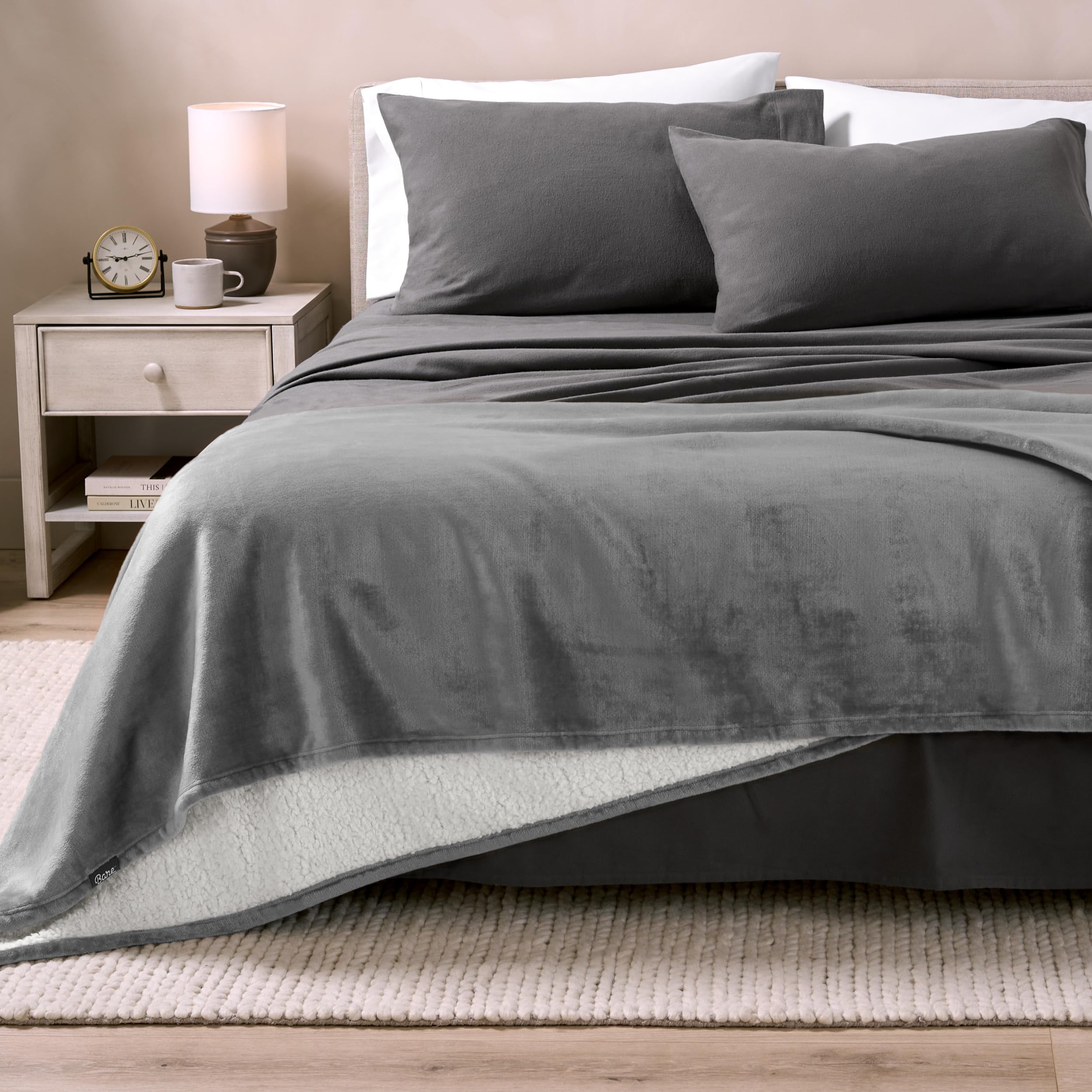 Bare Home Sherpa Fleece Blanket - Ultra Soft Reversible King Size Blanket for Bed, Couch & Travel - Warm Lightweight Plush Throw - Grey - Perfect for Cozy Nights, Movie Time & Camping Trips