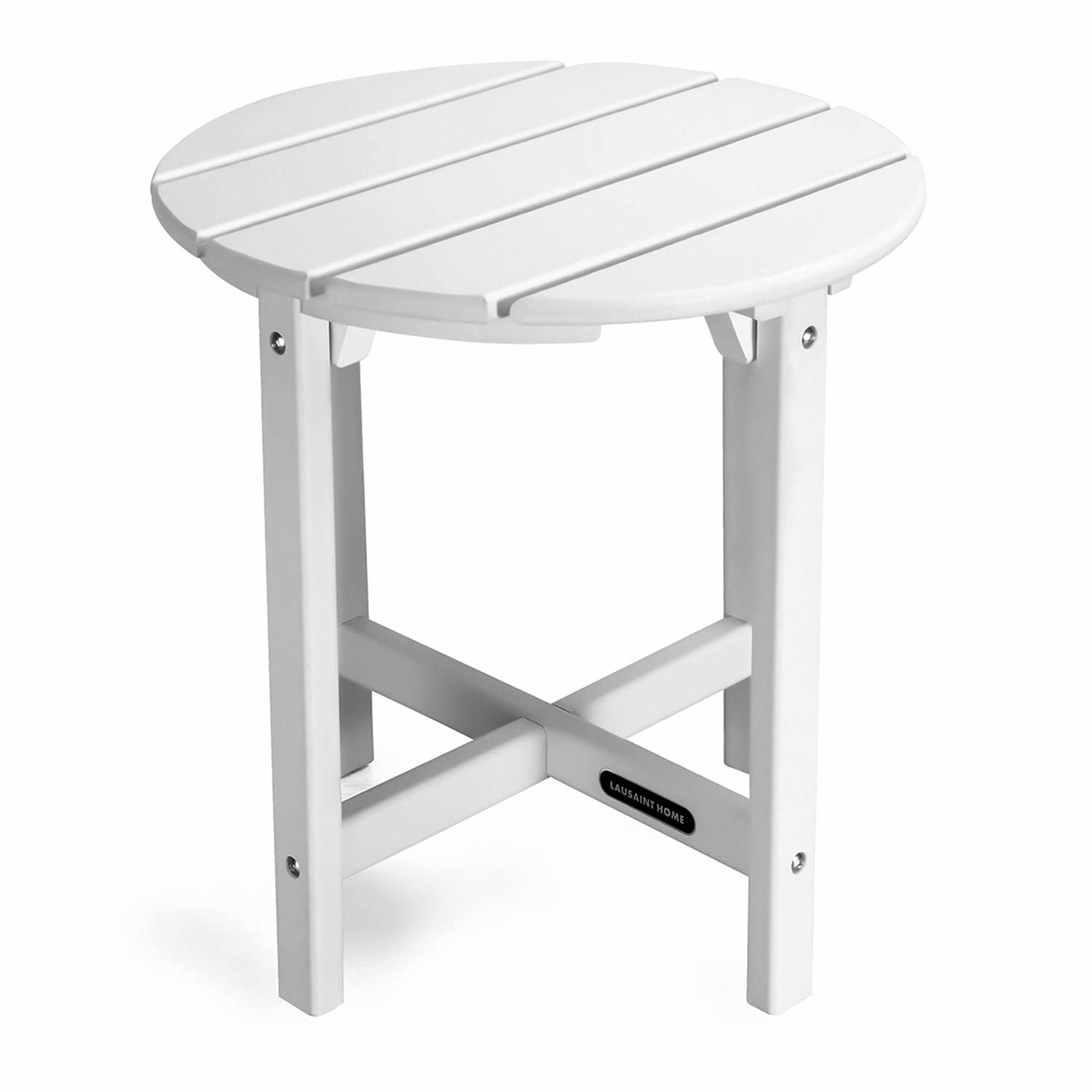 LAUSAINT HOME Outdoor Adirondack Side Table - Weather Resistant Round Coffee End Table for Patio, Garden, Deck - Easy to Assemble White Accent Furniture for Relaxing Outdoors