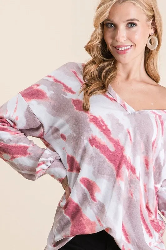 Bibi Tie Dye French Terry Top With Balloon Sleeves - Mauve Multi Color Women's Casual Shirt | Perfect for Beach Outfits, Music Festivals & Boho Fashion