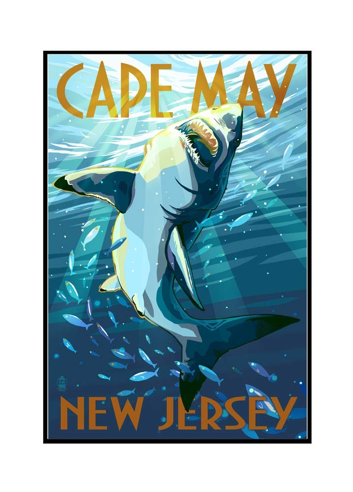 Stylized Shark Framed Canvas Art - 24x36 Gallery Wrapped Stretched Wall Decor - Coastal & Beach House Decor for Cape May New Jersey Themed Rooms