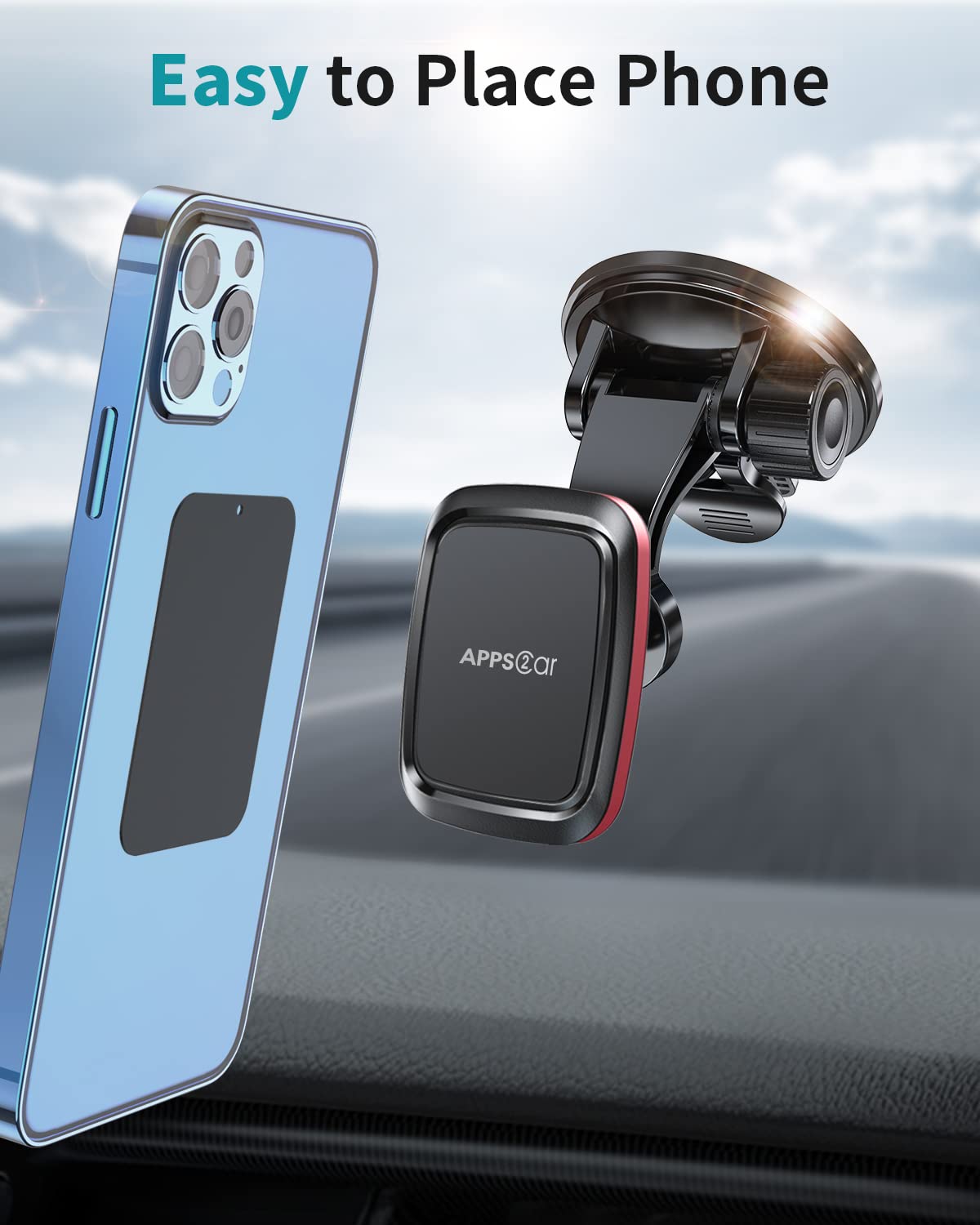 APPS2Car Magnetic Car Phone Mount - Adjustable Arm & 6 Strong Magnets, Universal Dashboard & Windshield Phone Holder for iPhone, Samsung, Pixel (Perfect for GPS Navigation & Hands-Free Driving)