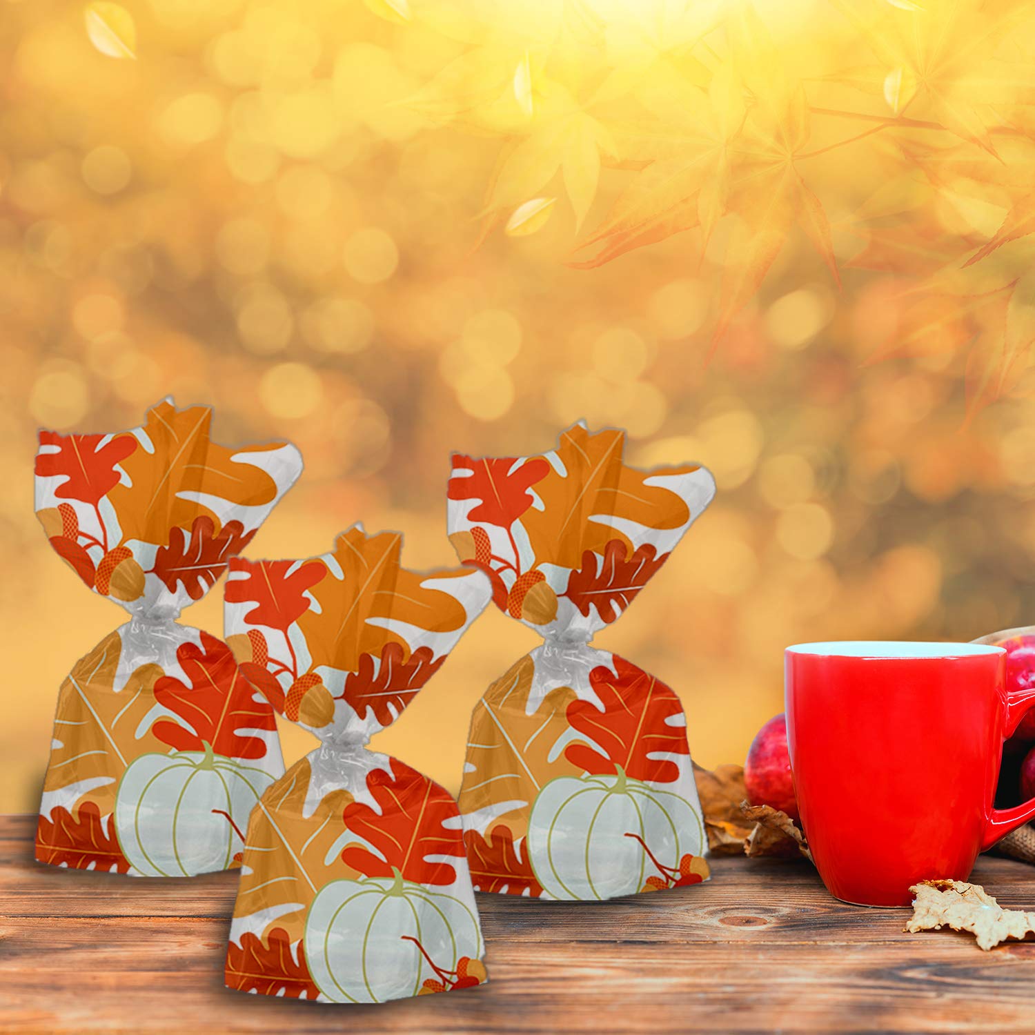 20 Count Fall Leaves Cellophane Bags for Autumn, Thanksgiving & Halloween Party Favors | Decorative Gift Bags for Seasonal Celebrations, Wedding Favors & Home Decor