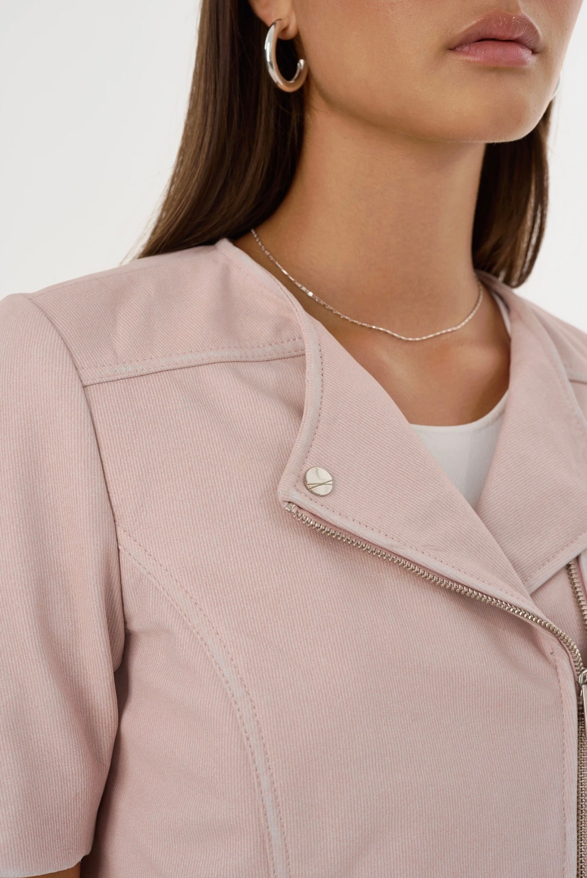 Kirsi Cropped Biker Jacket for Women - Pink Denim Motorcycle Jacket, Stylish Faux Leather Trim, Fashionable Outerwear for Casual Wear, Street Style & Night Out