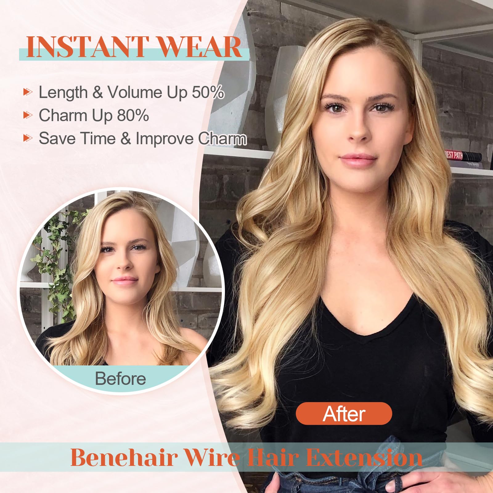 Benehair 18 Inch Halo Hair Extensions - 100% Real Human Hair with Invisible Wire for Women | Golden Brown & Bleach Blonde Highlights (#12P613) | Perfect for Weddings, Parties & Daily Styling