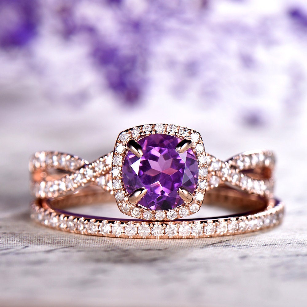 14K Rose Gold Amethyst Engagement Ring Set with Pave Diamonds - Thin Twisted Matching Wedding Band & Full Eternity Ring for Anniversary, Proposal & Special Occasions