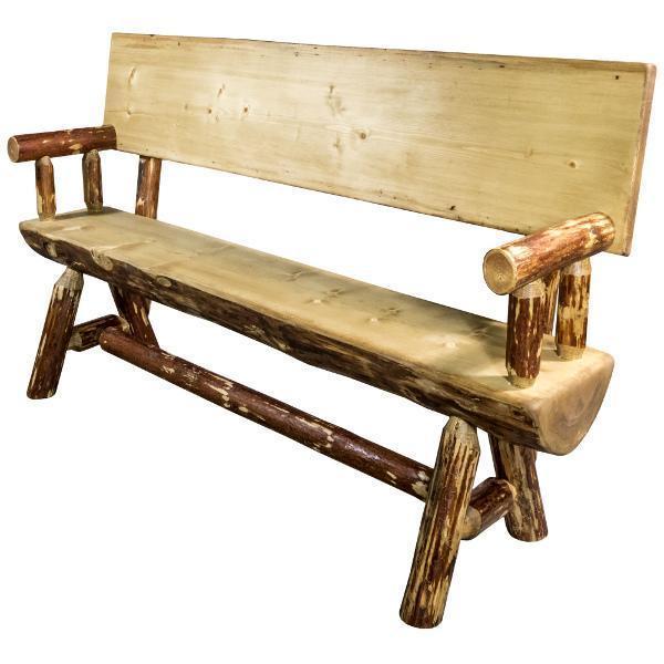 Glacier Country Half Log Plank Bench - Rustic Wooden Outdoor Bench for Garden, Patio, and Backyard - Perfect for Camping, Picnics, and Nature Relaxation