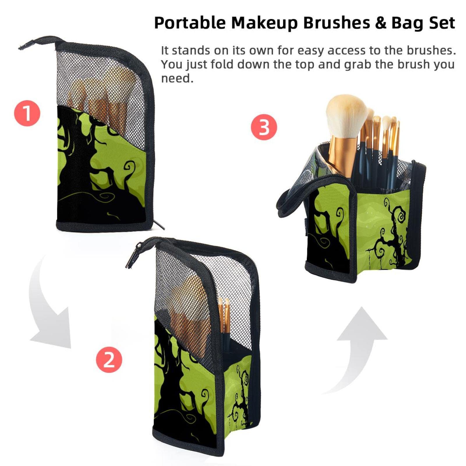 12-Piece Makeup Brush Organizer Bag with Halloween Northern Lights Tree Cat Design - Portable Travel Makeup Brush Holder Case for Professional & Home Use