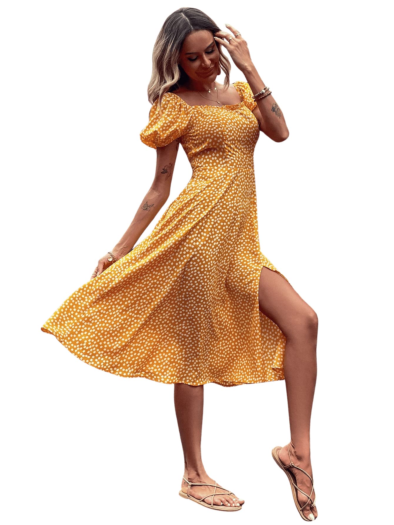 SweatyRocks Women's Boho Floral Midi Dress - Short Puff Sleeve, A-Line Flare with Slit | Perfect for Summer Vacations, Beach Parties & Boho Fashion Outfits