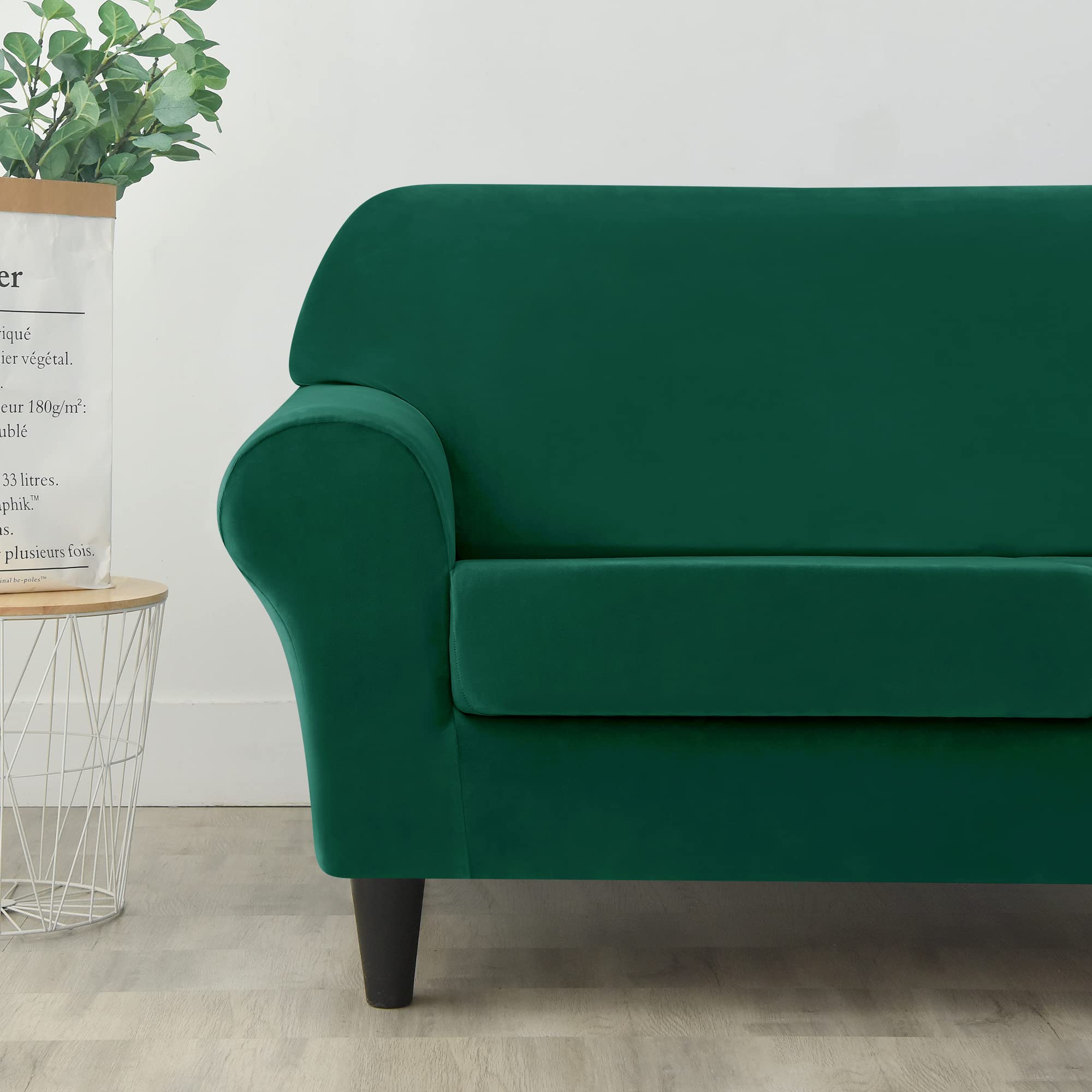 Stretch Velvet Sofa Slipcover for 2 Cushion Couch - Soft Thick Furniture Protector Cover for Loveseat - Pet & Kid Friendly Stretchable Sofa Cover (Medium, Green) - Perfect for Living Room, Family Room & Home Decor