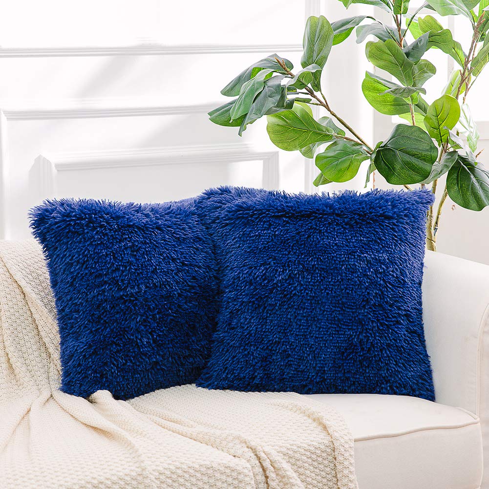 NordECO HOME Luxury Soft Faux Fur Fleece Pillow Covers 20x20 Inches - 2 Pack Sapphire Blue Decorative Throw Pillow Cases (No Insert) for Sofa, Bed, Couch & Home Decor