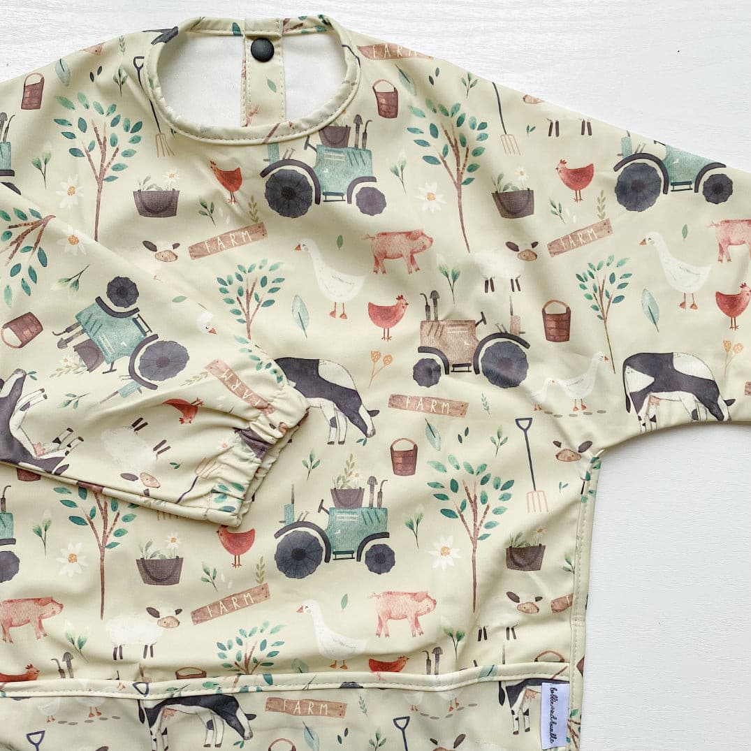Organic Cotton Long Sleeved Baby Bib with Adorable Farm Animal Print - Perfect for Messy Meals, Art Play & Toddler Feeding Time