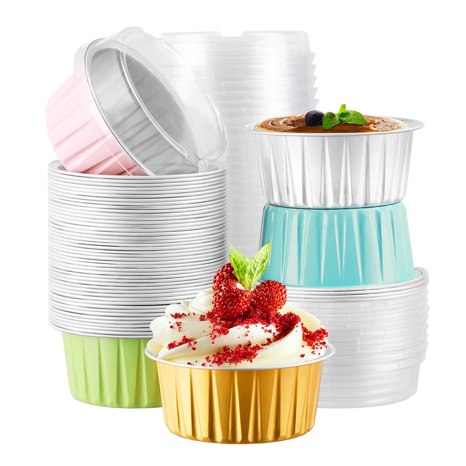 EUSOAR 50pcs 5oz Disposable Aluminum Foil Cupcake Liners & Muffin Baking Cups - 5 Color Mixed Set for Desserts, Cakes & Party Treats - Perfect for Home Baking, Birthday Parties & Holiday Cooking