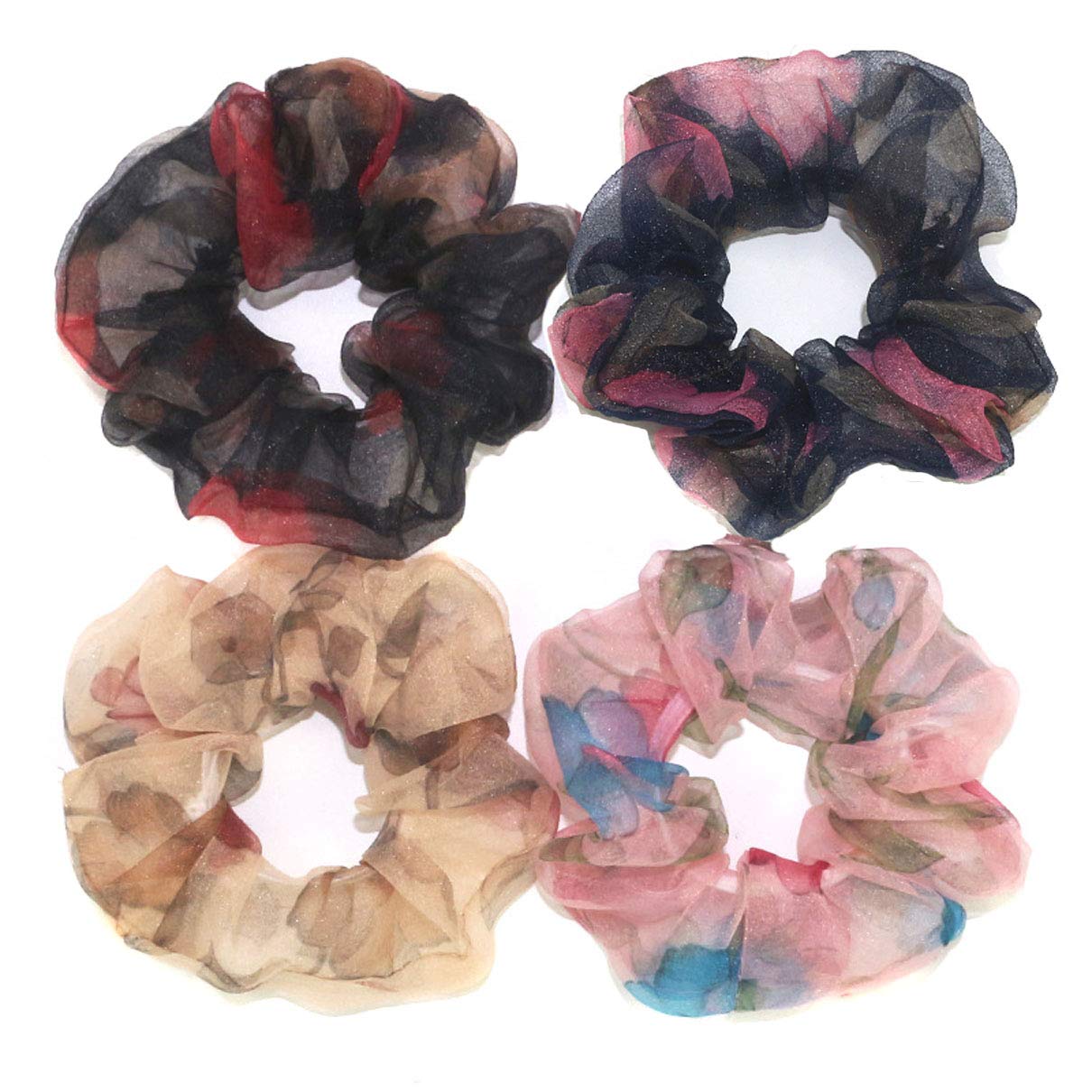 4 Pack Women's Fashion Chiffon Tulle Elastic Hair Bands - Soft Ponytail Holders, Hair Rings & Scrunchies for Women & Girls (Perfect for Work, Gym, Party & Everyday Use)