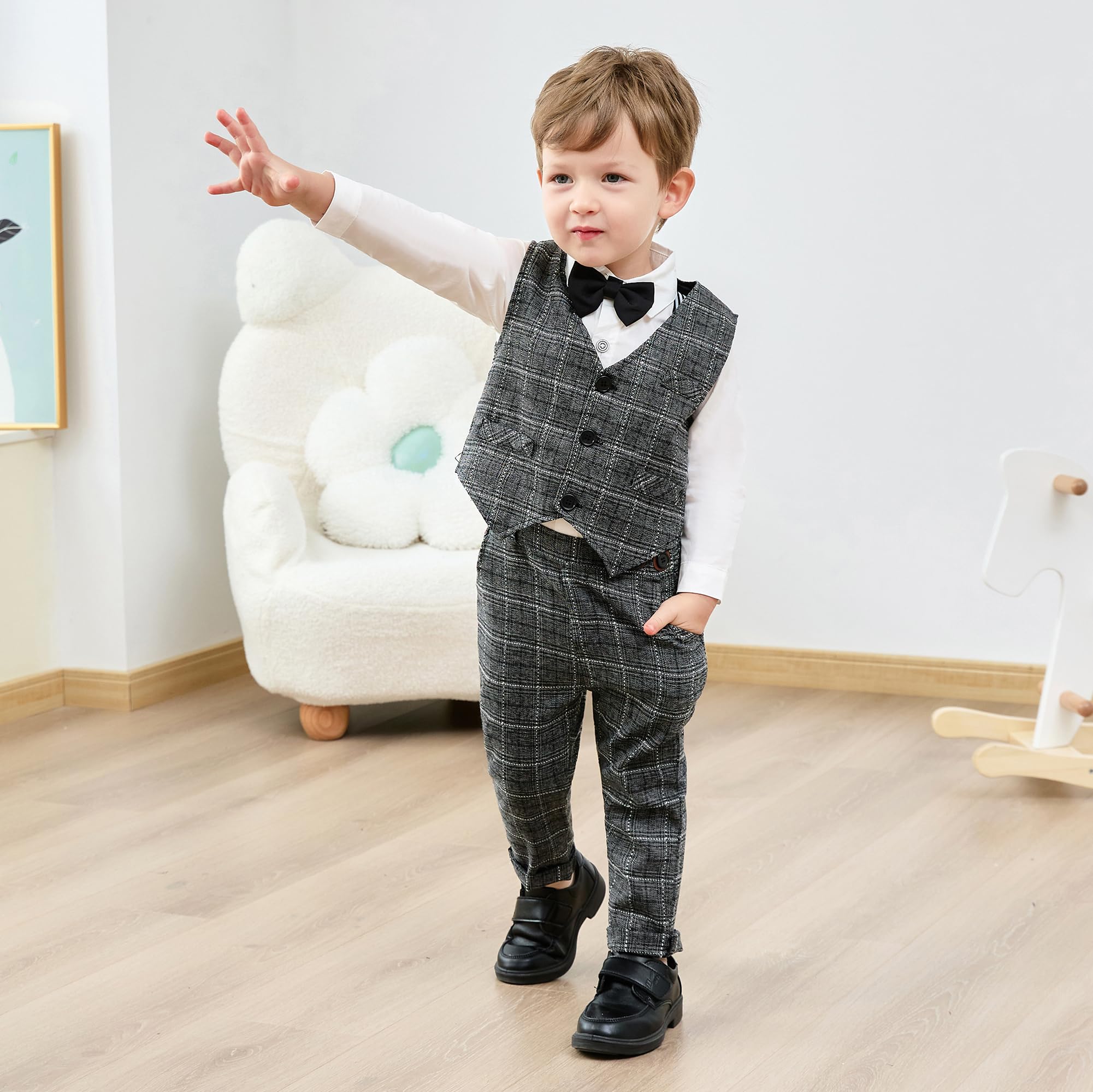 YUEMION Toddler Baby Boy Formal Suit Set - Dress Shirt, Bow Tie, Vest & Suspenders Pants (1-5T) | Wedding, Party & Special Occasion Outfit for Little Gentlemen