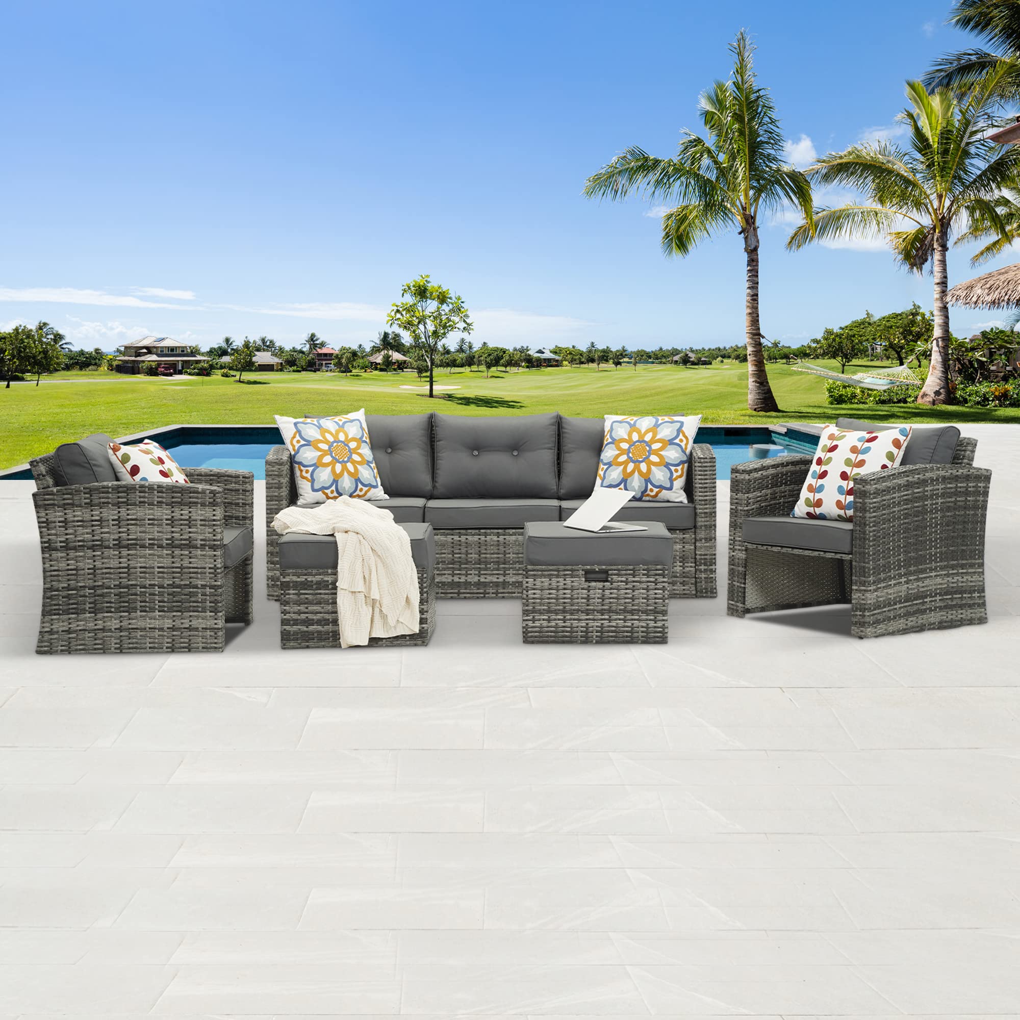 7-Piece PE Rattan Outdoor Furniture Set with Cushions - Aluminum Frame Patio Conversation Sofa Sectional (Grey/Dark Grey) for Garden, Backyard & Poolside Relaxation