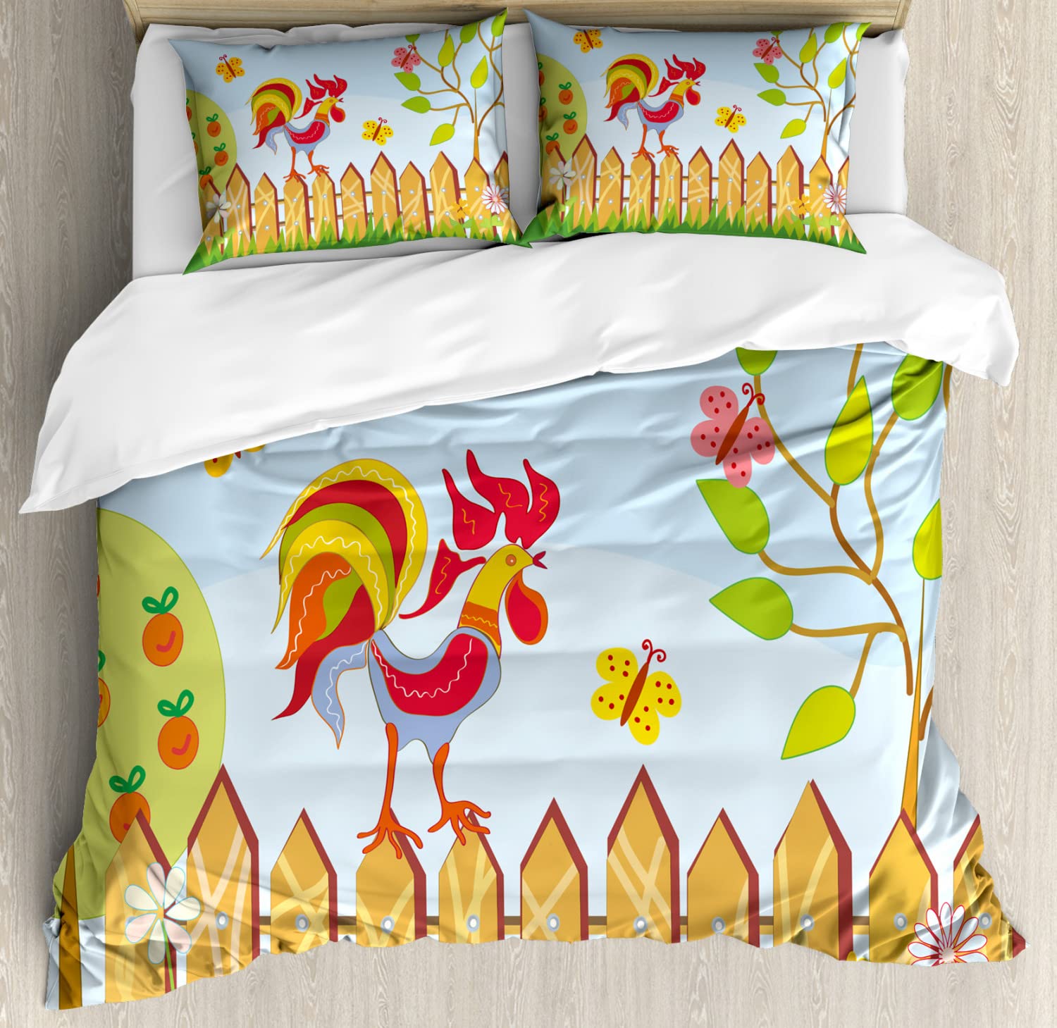 Ambesonne Farmland Duvet Cover Set - King Size 2-Pack with Rooster, Tree, Butterfly & Floral Summer Farm Print, Includes 2 Duvet Covers & 4 Pillowcases - Perfect for Farmhouse, Country & Rustic Bedroom Decor