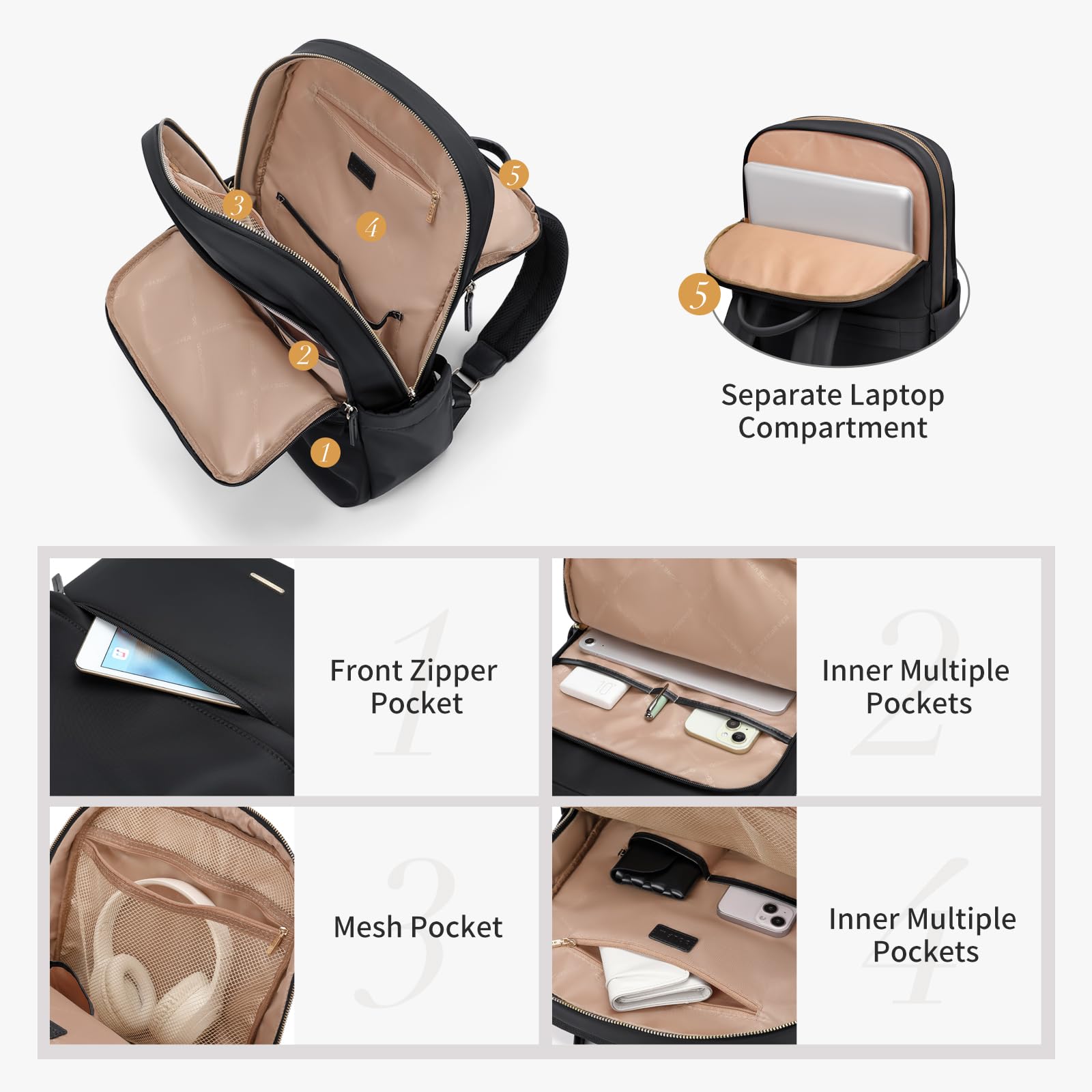 GOLF SUPAGS Women's Laptop Backpack for Work, Travel & College - Lightweight Casual Daypack with USB Charging Port Fits 14 Inch Notebook (Black) - Perfect for Commuting, Business Trips & Campus Life