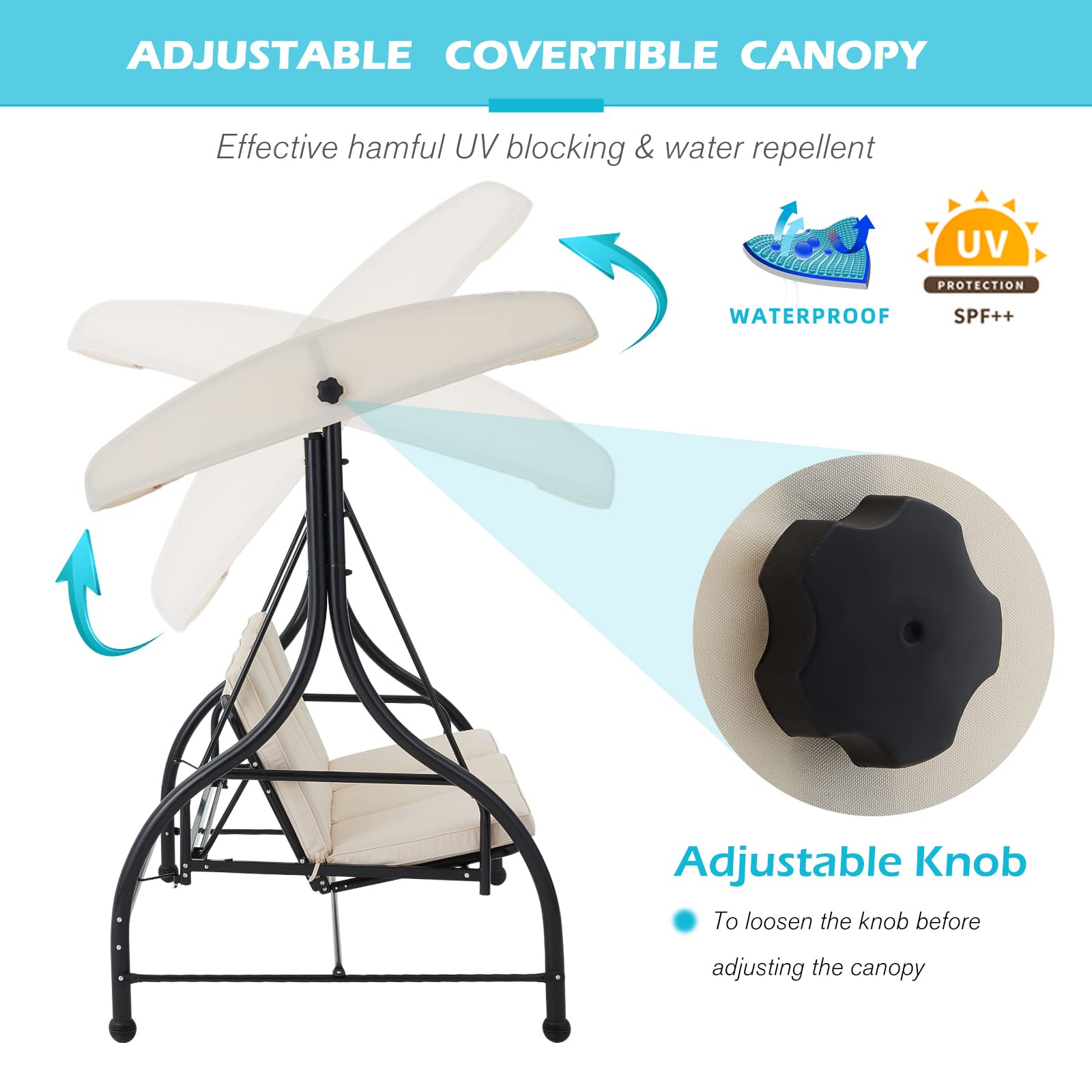 AECOJOY 3-Seat Porch Swing Chair with Adjustable Canopy & Stand - Outdoor Patio Swing Bed with Removable Beige Cushions - Perfect for Backyard, Garden, and Deck Relaxation