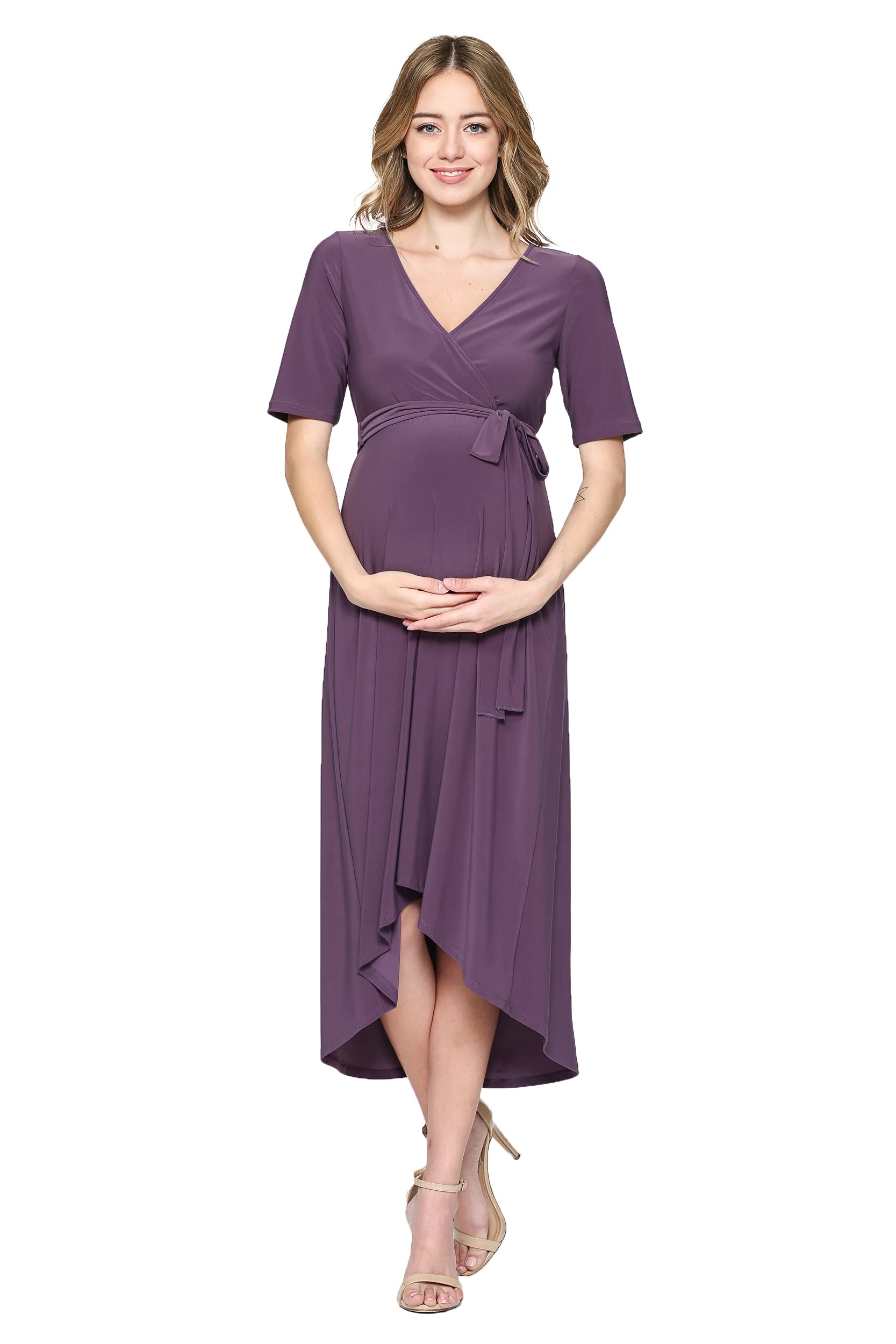 Maternity Wrap Dress for Women - Midi Length with Adjustable Waist Belt | Comfortable Pregnancy Dress for Work, Baby Shower & Special Occasions