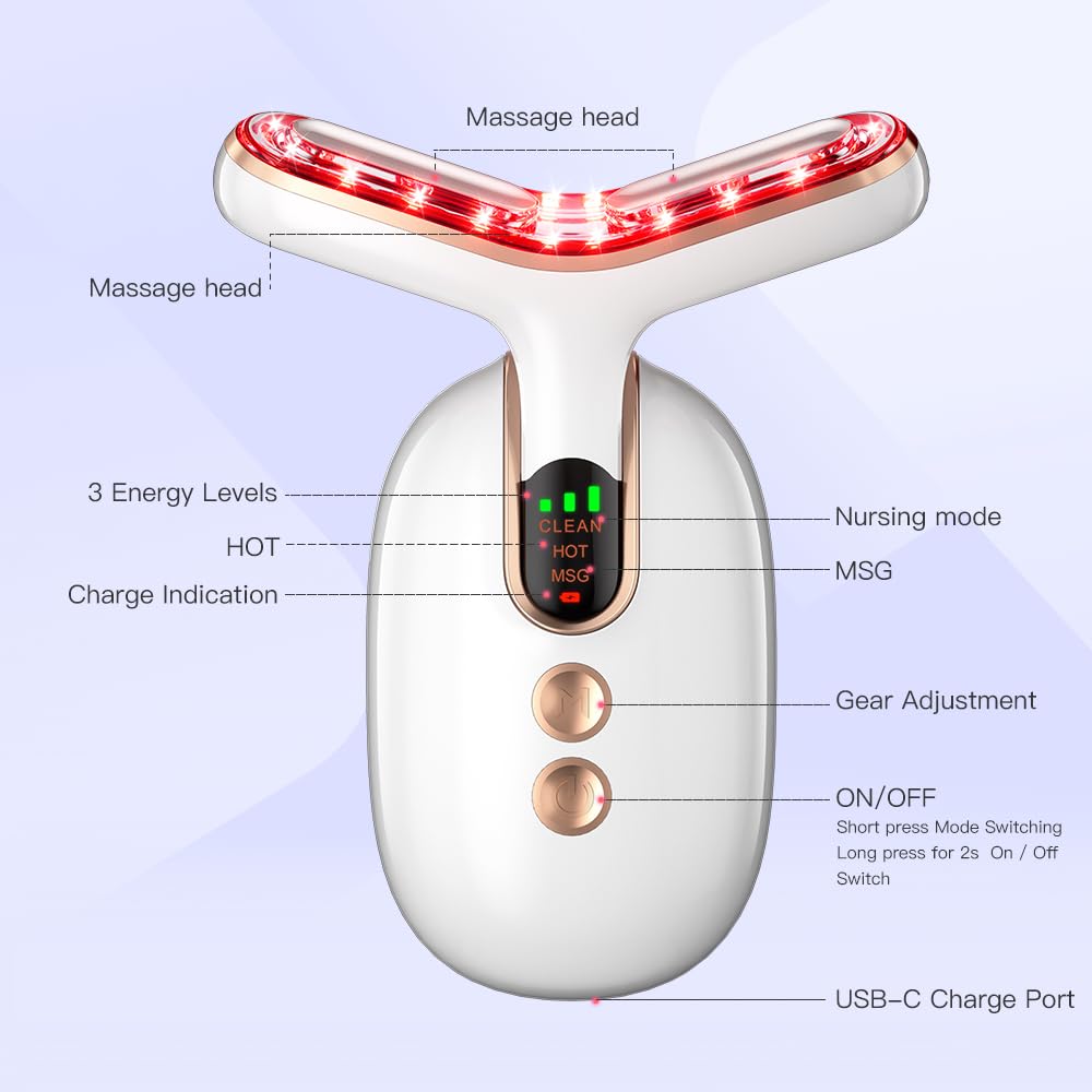 Neck & Face Massager with Vibration & Heat - Multifunctional Facial Sculpting Tool for Skin Care & Relaxation (White Gold) | Perfect for Home Spa, Anti-Aging Routine & Stress Relief