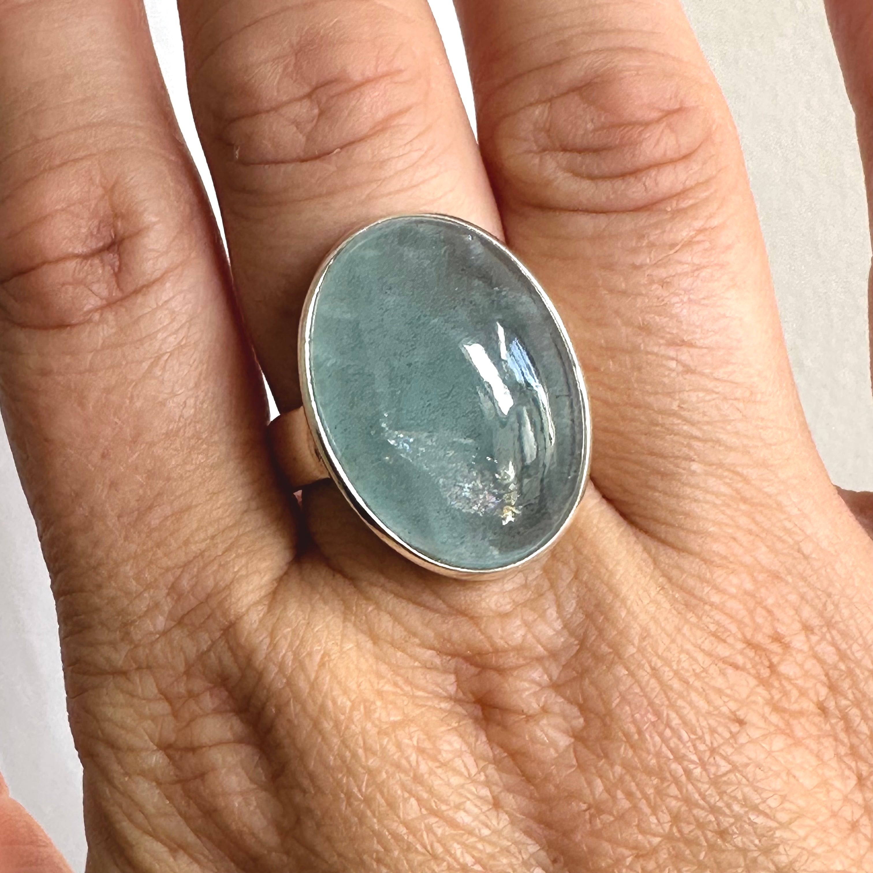Aquamarine Oval Cabochon Ring - Size 10 Sterling Silver Gemstone Jewelry for Women - Perfect for Engagement, Wedding & Everyday Wear