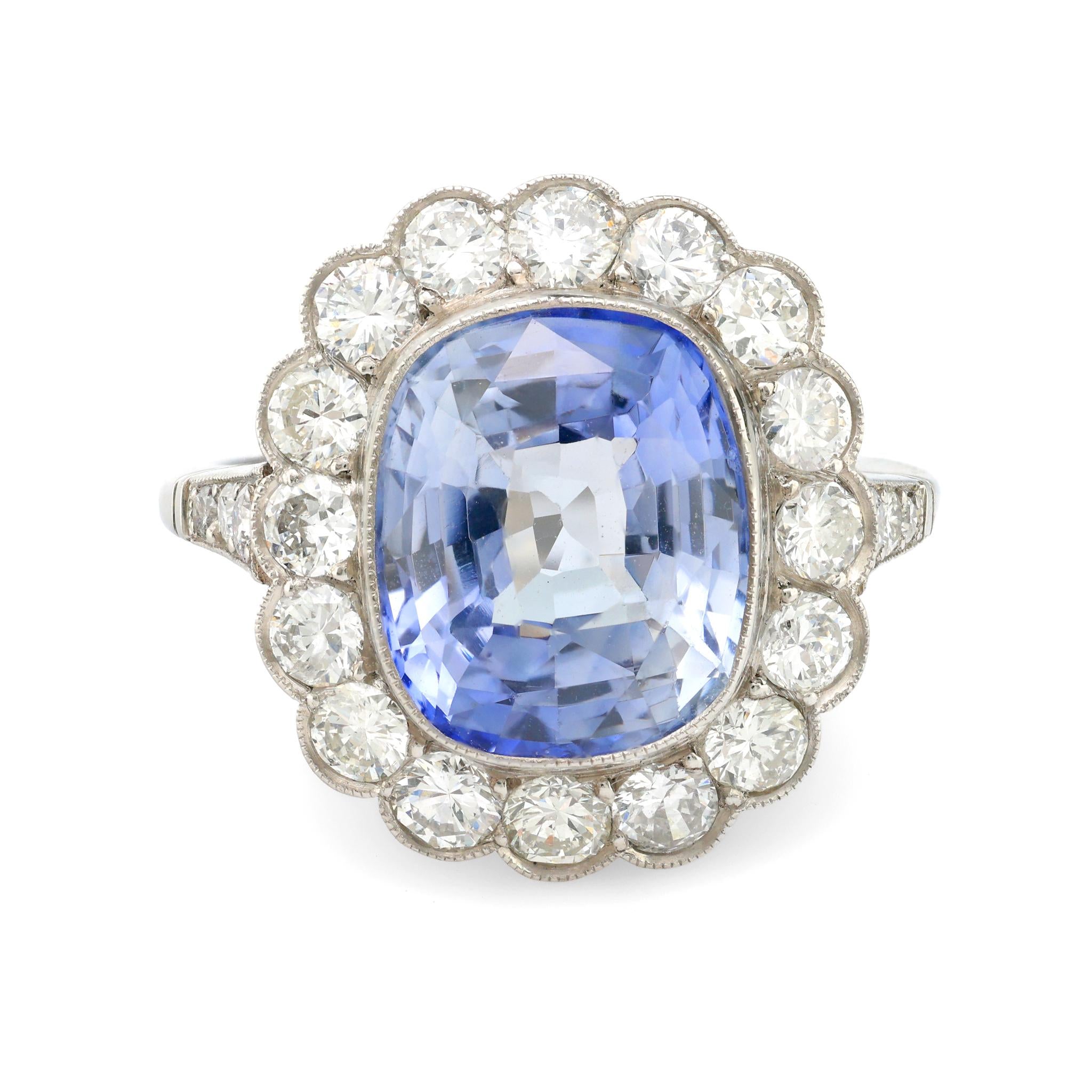 Vintage 5.70 Carat Sapphire Diamond Platinum Halo Engagement Ring - Perfect for Weddings, Anniversaries & Special Occasions