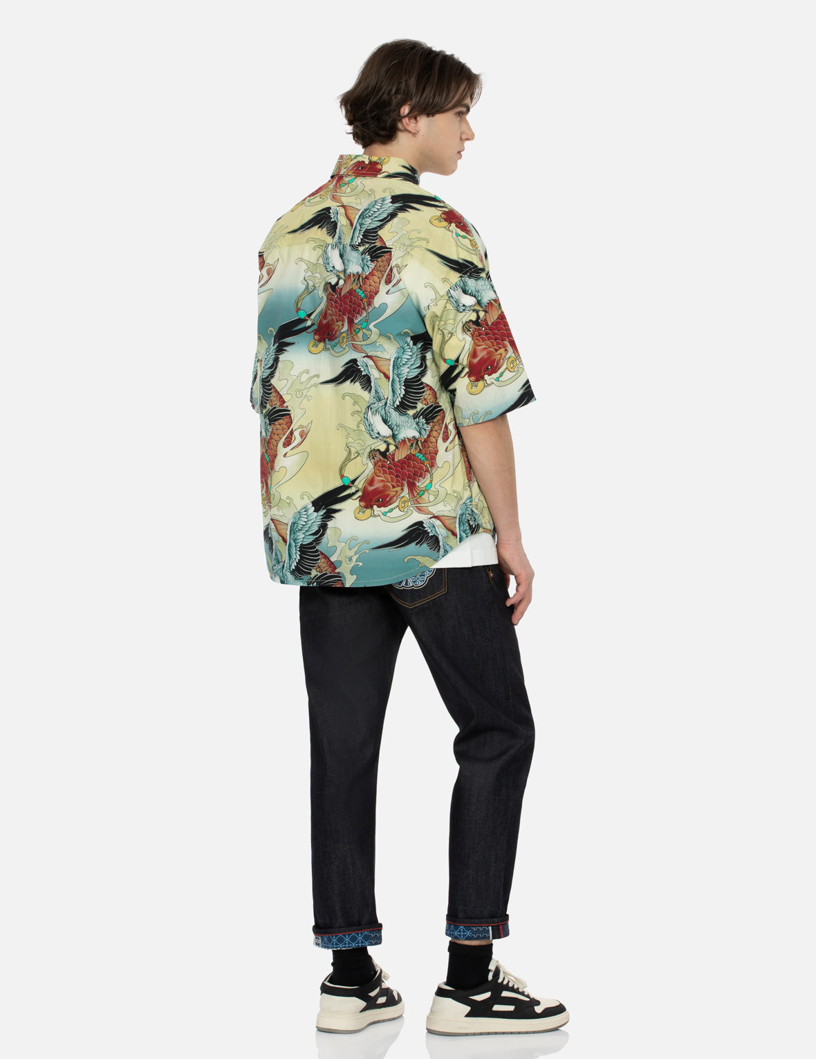 Stylish Colorful Seagull & Carp Print Loose Fit Short Sleeve Casual Shirt for Men - Perfect for Summer Beach Outings, Vacation Wear & Street Fashion