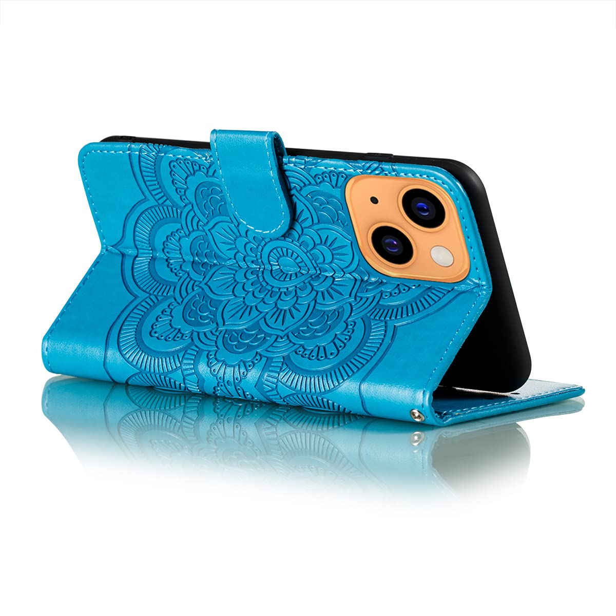 OOPKINS PU Leather iPhone 13 Mini Case - Mandala Blue Wallet Cover with Card Slot & Magnetic Stand for Work & Travel