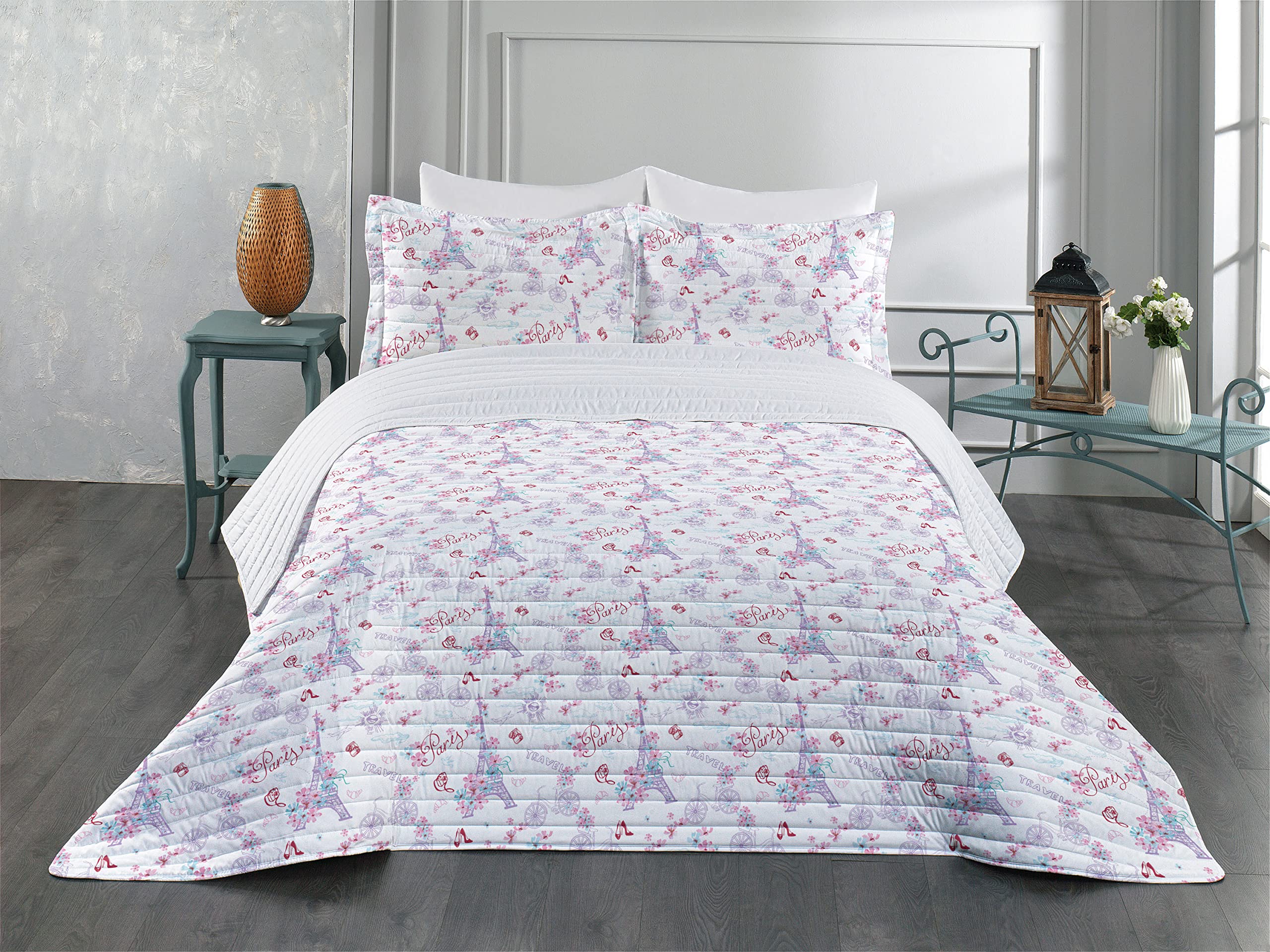 Ambesonne Romantic Vintage Paris Eiffel Tower Floral Microfiber Bedspread Set - King Size Soft Bedding with Pillow Shams & Comforter in Pale Blue Pink White | European Inspired Bedroom Decor for Master Bedroom, Guest Room & Airbnb