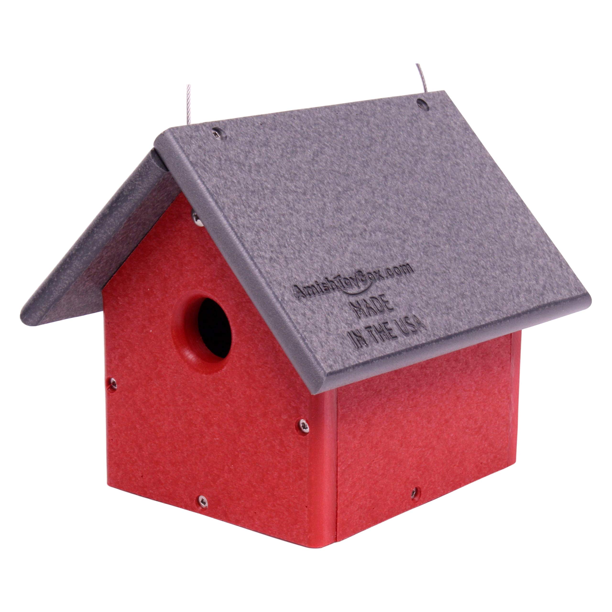 AmishToyBox.com Chickadee or Wren House - Durable Poly Lumber Bird House for Outdoor Garden (Gray/Bright Red) - Attract Wild Birds to Your Backyard or Patio