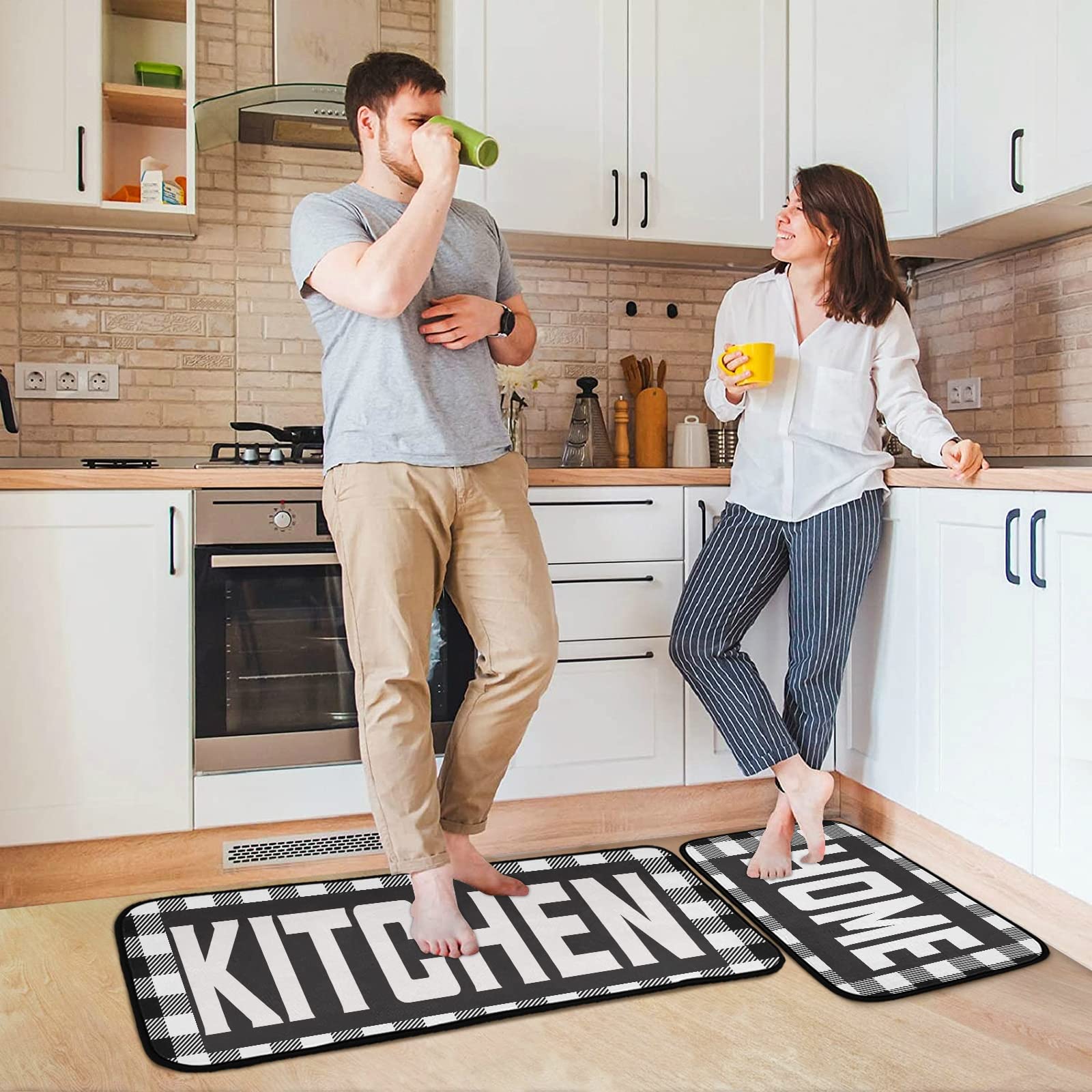 Buffalo Plaid Checked Black & White Kitchen Mat Set of 2 - Anti-Fatigue Non-Slip Foam Cushioned Rug for Standing Comfort - Perfect for Kitchen, Office, Laundry & Home Decor
