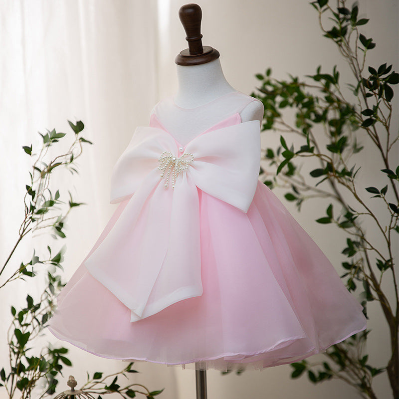 Elegant Pink Tulle A-Line Flower Girl Dress with Beaded Bow - Sleeveless for Weddings, Parties & Special Occasions