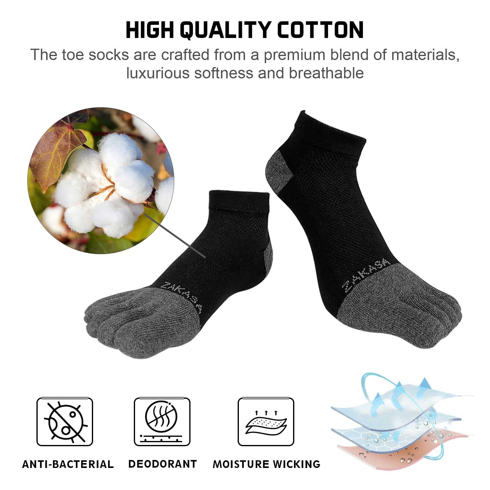 CaiDieNu Men's Five Toe Socks - 5 Pairs Breathable Cotton Athletic Crew Socks for Running, Yoga & Workout (Size 8-12) | No Show Ankle Socks for Sports & Daily Comfort