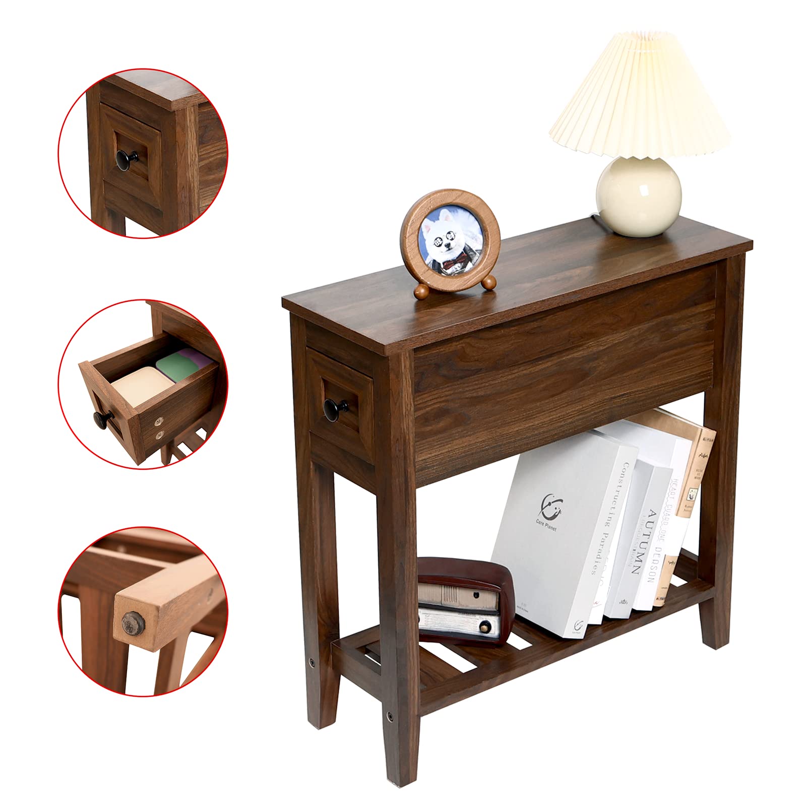 2 Pack Narrow End Table with Drawer - Slim Recliner Side Table with Storage Shelf, Small Nightstand for Bedroom - Perfect for Living Room, Bedside, Office & Dorm Room Organization