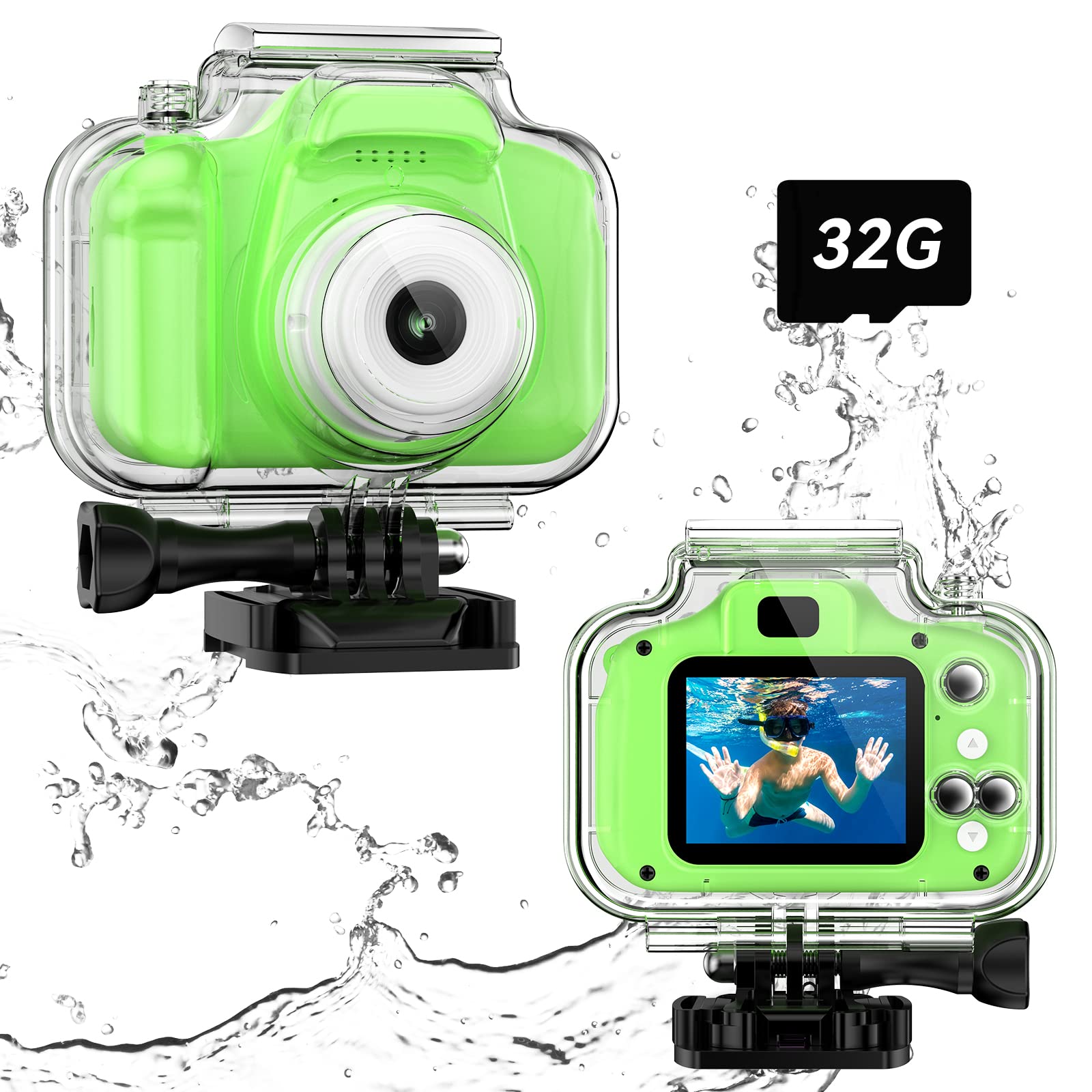Waterproof Kids Camera HD 1080P - Underwater Video Camera for Children Ages 3-12 with 32GB SD Card (Green) - Perfect for Pool Parties, Beach Vacations & Outdoor Adventures