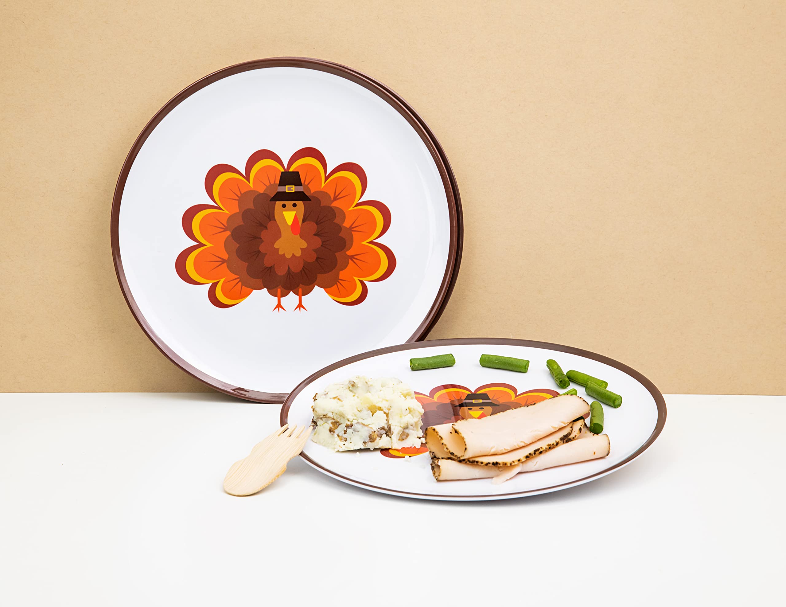 Tiny Expressions - 4 Pack Kids Thanksgiving Plates with Adorable Turkey Designs - Durable Melamine Dinnerware for Holiday Meals & Celebrations - Perfect for Family Gatherings, School Parties & Festive Dinners