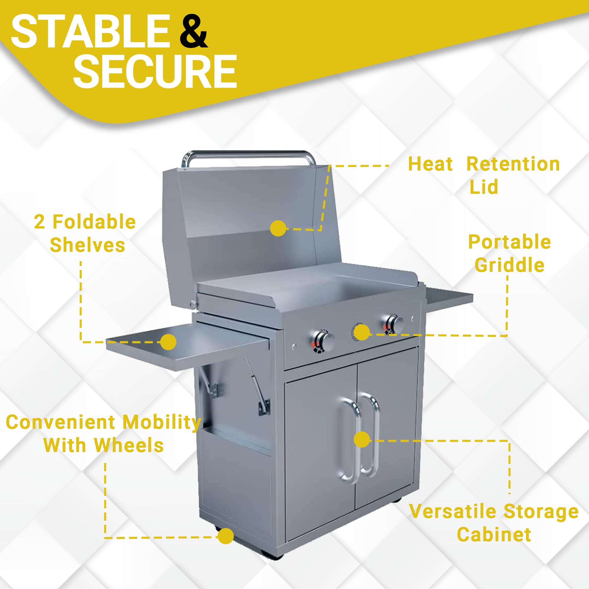 AMS Fireplace Le Griddle - Built-In Propane Gas Griddle with Stainless Steel Lid, Freestanding Cart, Rubber Wheels & Folding Shelves | Outdoor Cooking, Camping, Tailgating & Backyard BBQ