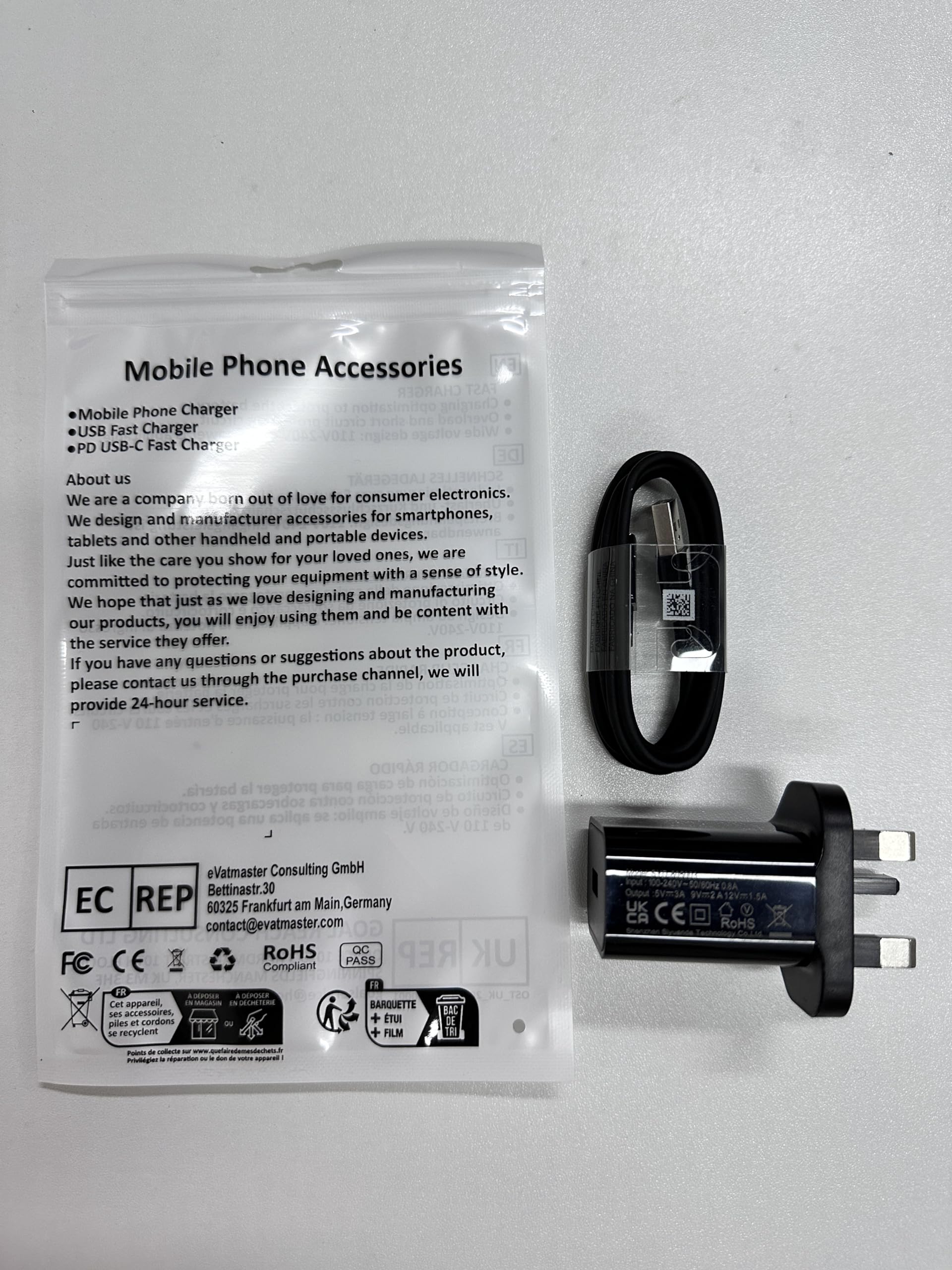 Fast Charging USB Wall Plug with Type C Cable - QC3.0 Compatible for Samsung Galaxy A14/A15/A20E/A23/A34/A53/A54/A04S/A40/S21/S20 FE/S10E/S9, iPhone 15, Pixel 6a, Moto E13/G53 - Perfect for Home, Office & Travel Charging (Black)