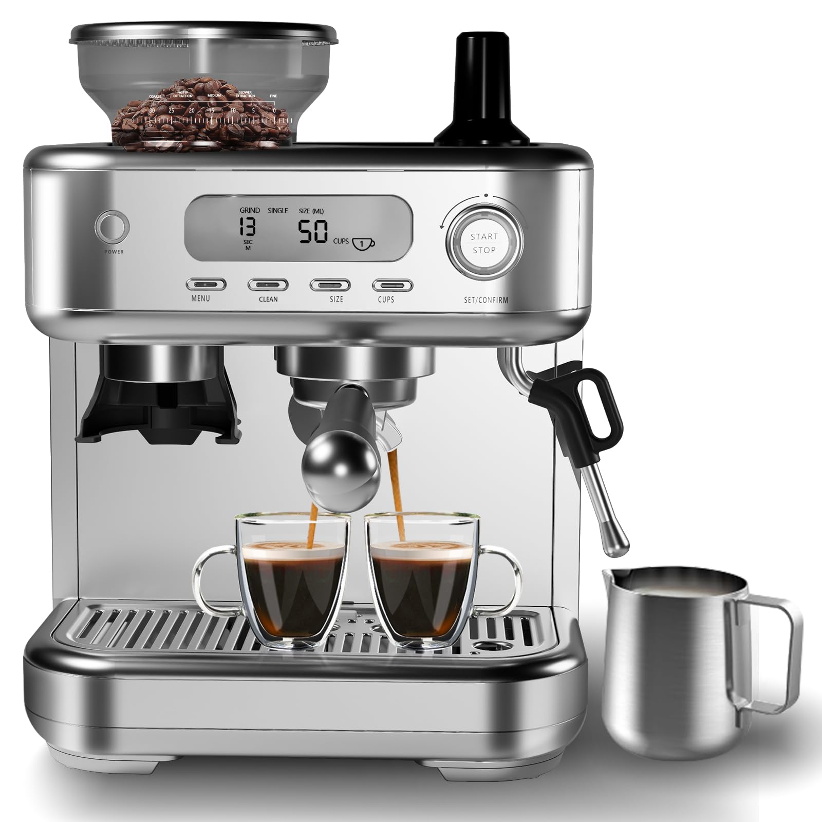 15 Bar Professional Espresso Coffee Machine with Built-in Grinder & LED Display - Self-Cleaning Home Barista Kit for Latte, Cappuccino - Perfect for Kitchen, Office & Coffee Shop Use (Grey)