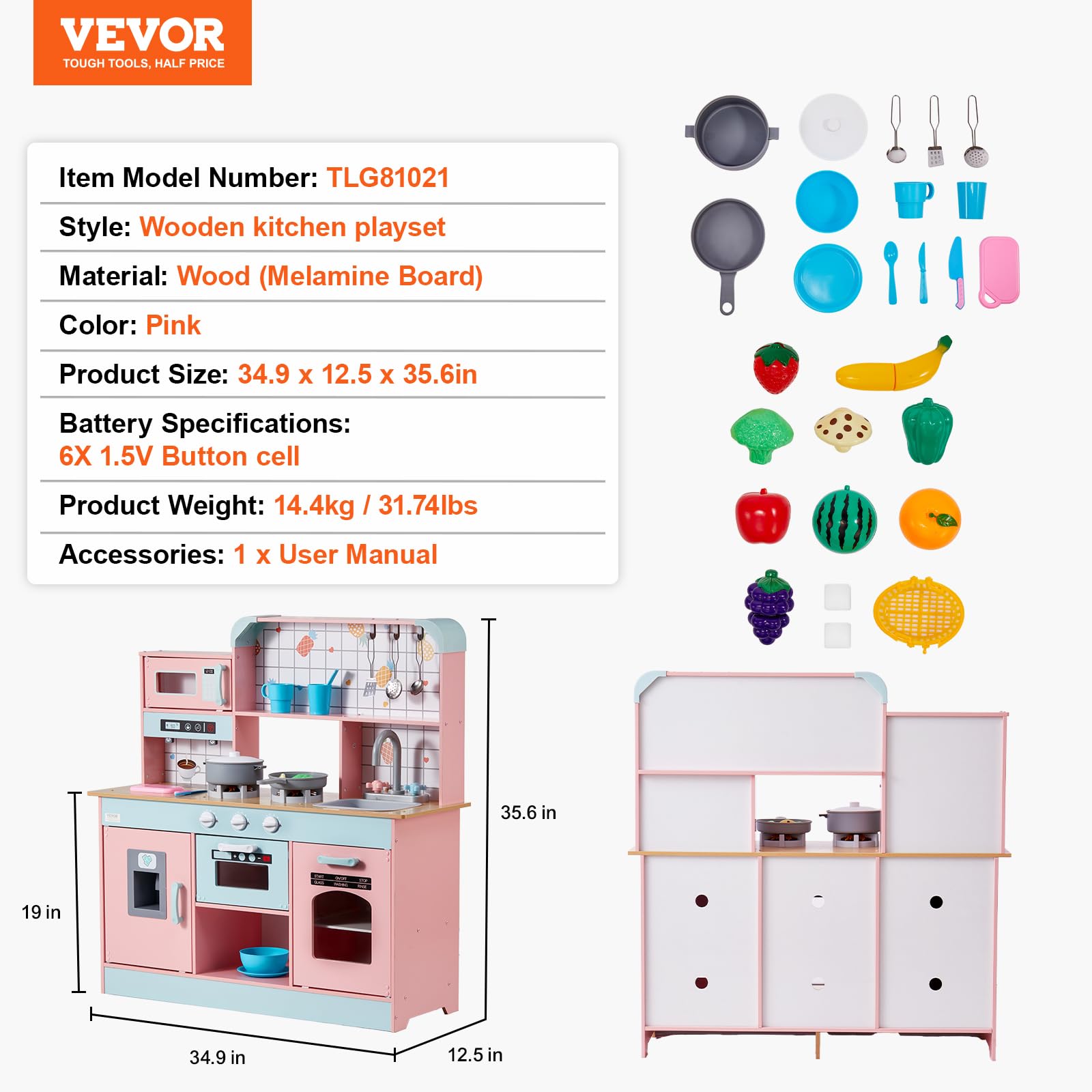 VEVOR Wooden Play Kitchen Toy for Kids Ages 3-8 - Interactive Pretend Play Set with Lights, Sounds, Ice Maker, Oven, Sink, Microwave & Fridge - Includes Utensils & Fruit Accessories - Perfect for Imaginative Play, Role-Playing & Early Learning (Pink)