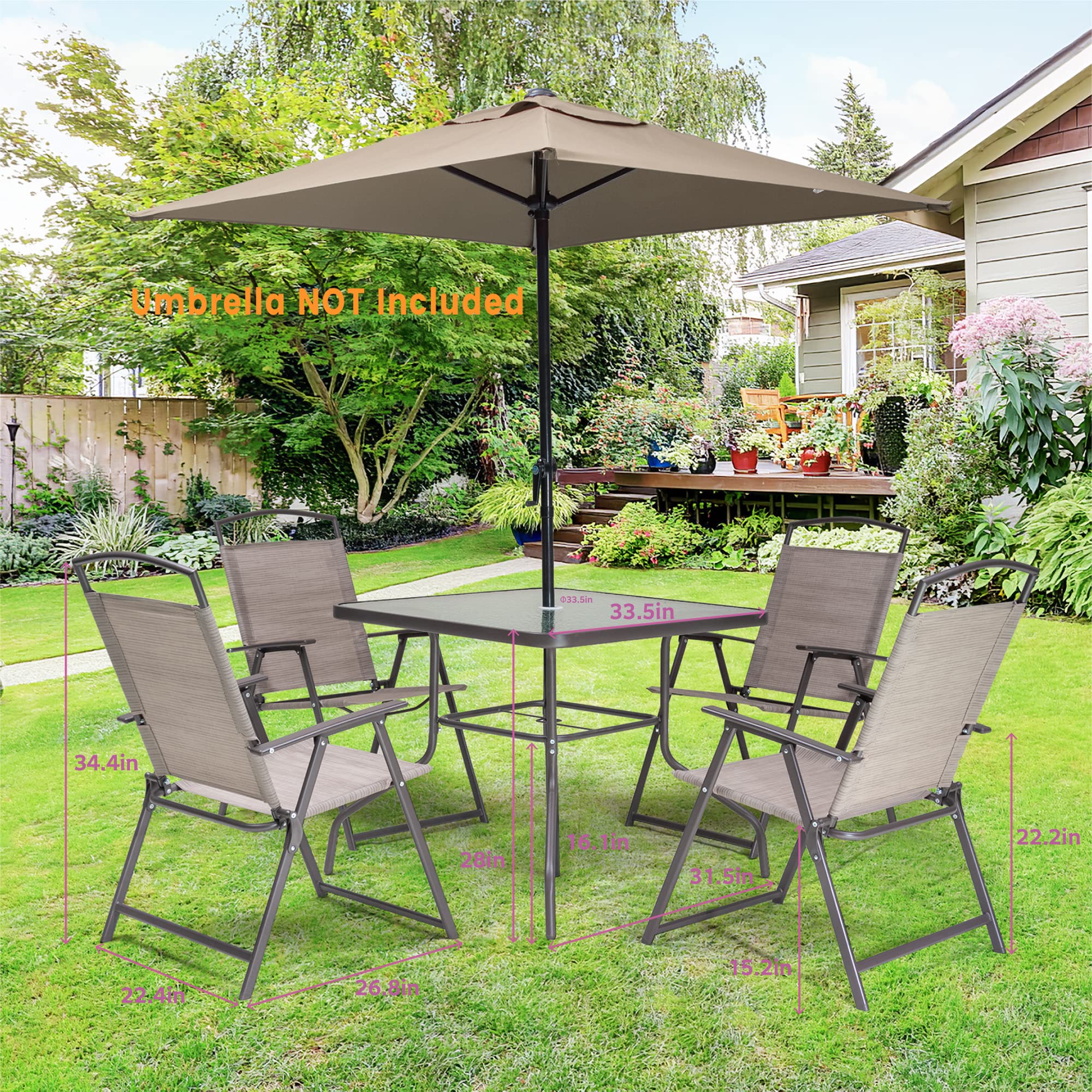5-Piece Outdoor Dining Set - Patio Table & 4 Folding Chairs with Square Glass Top & Umbrella Hole | Durable Metal Furniture for Balcony, Porch, Deck, Lawn & Backyard | Beige Weather-Resistant Set for Garden Parties & Outdoor Entertaining