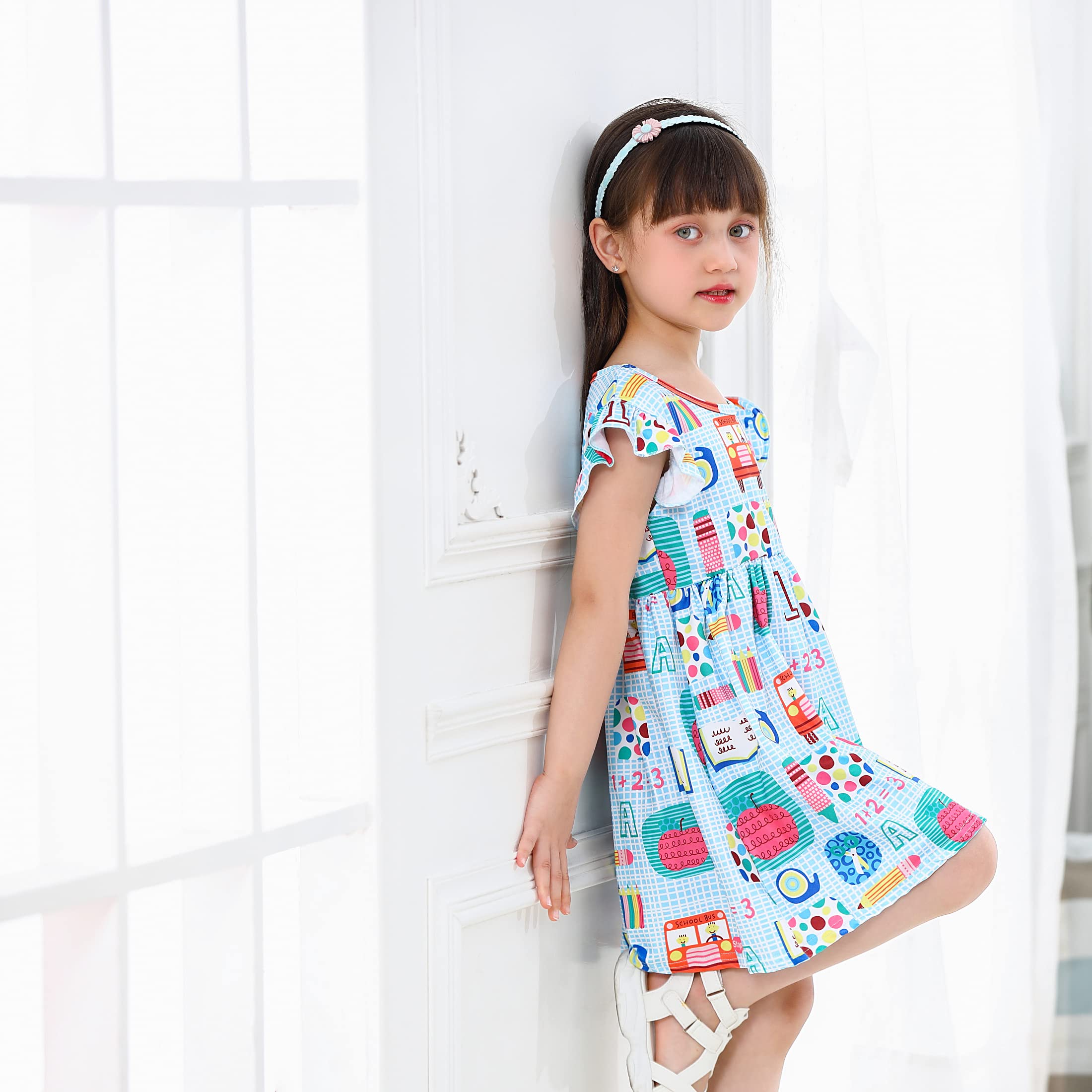 Girls Apple Print Pearl Trim Silk Dress for Toddlers - Perfect for Back to School, Birthday Parties & Special Occasions